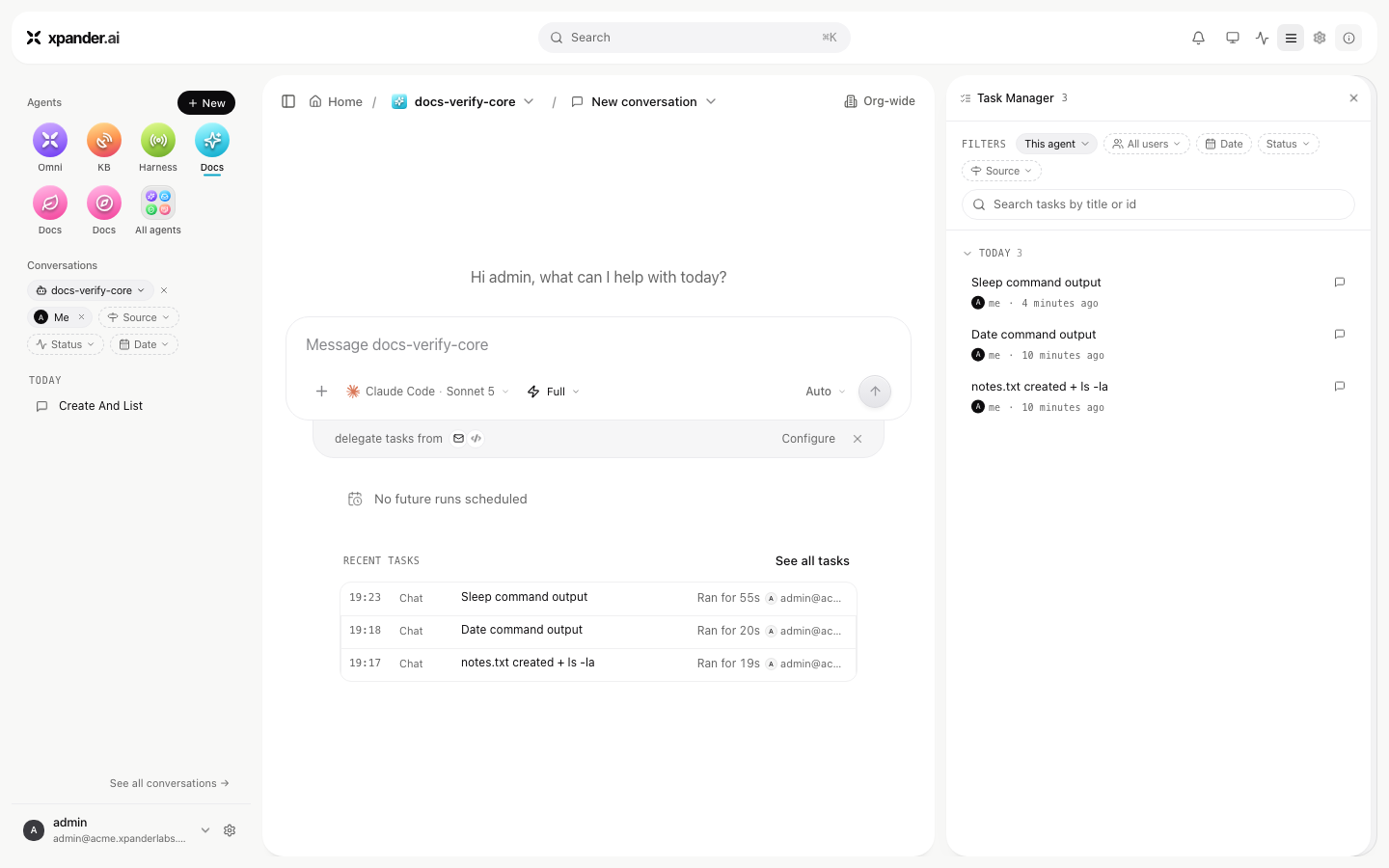 Task Manager panel listing an agent's recent tasks with filter chips and a search box