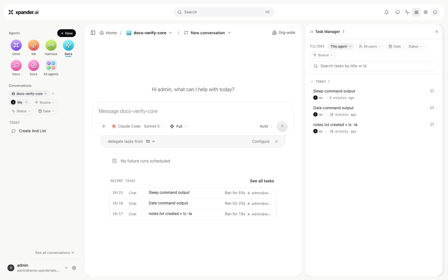 Task Manager panel listing an agent's recent tasks with filter chips and a search box