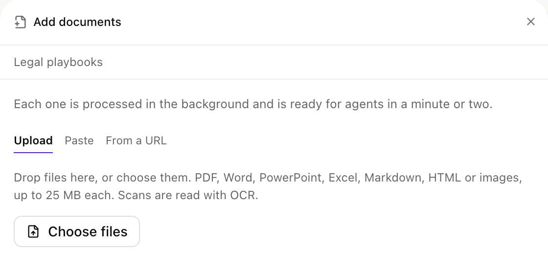 Add documents card for Legal playbooks with the Upload, Paste and From a URL tabs and a Choose files button