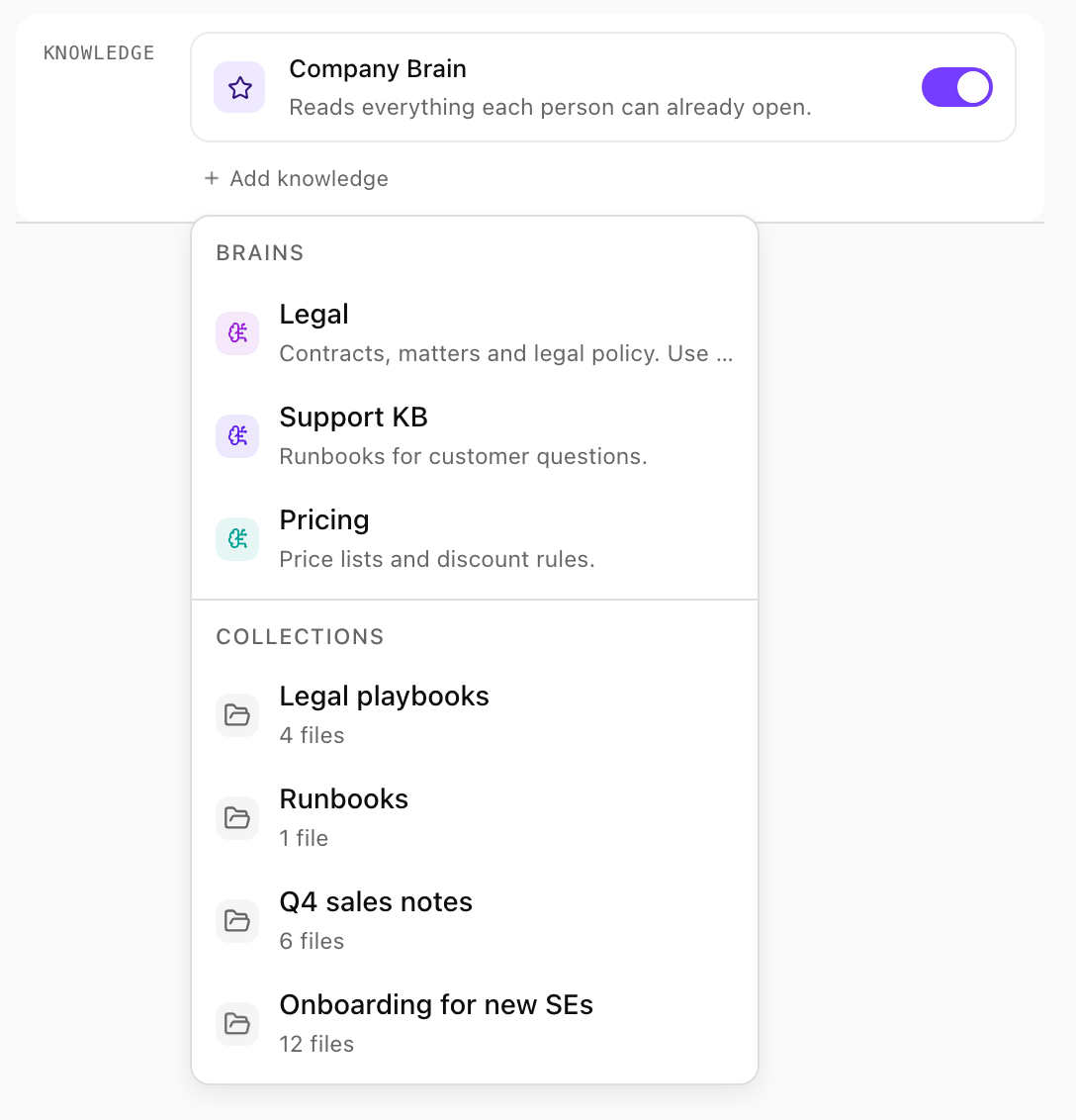 Knowledge row with the Company Brain switched on and the Add knowledge menu listing the Legal, Support KB and Pricing brains and four collections with their file counts