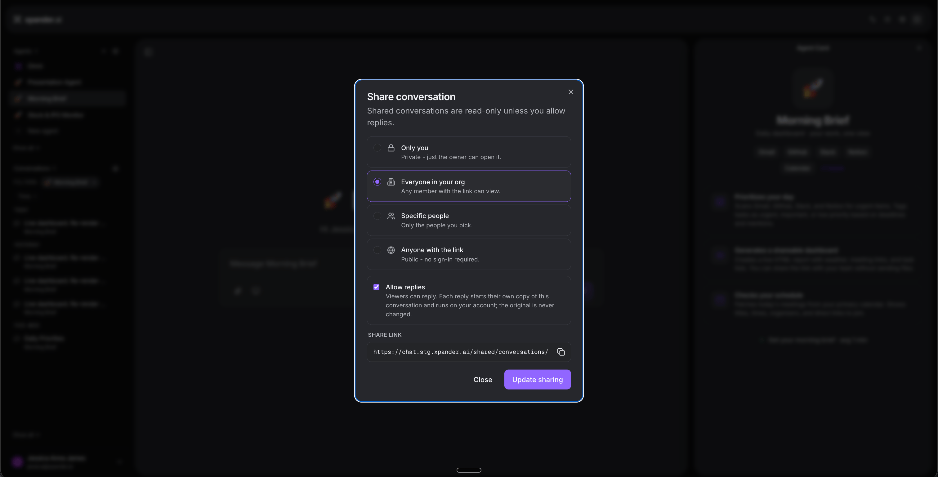 Share conversation dialog with visibility and reply options