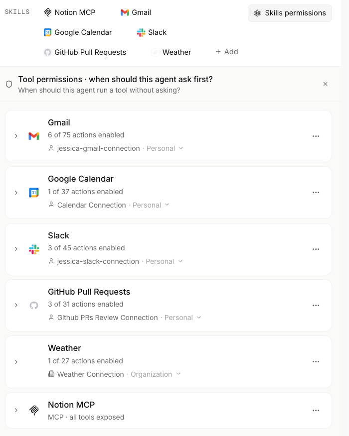Connectors and skills for a custom agent