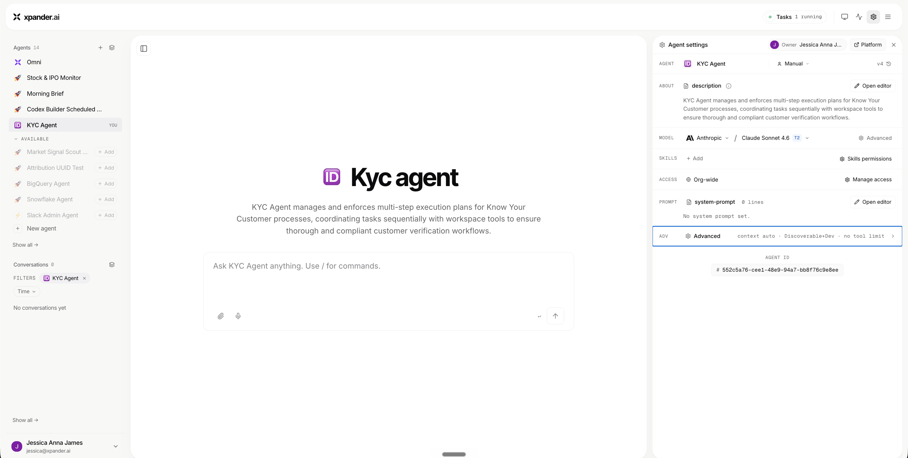 Agent settings panel showing a custom agent’s configuration
