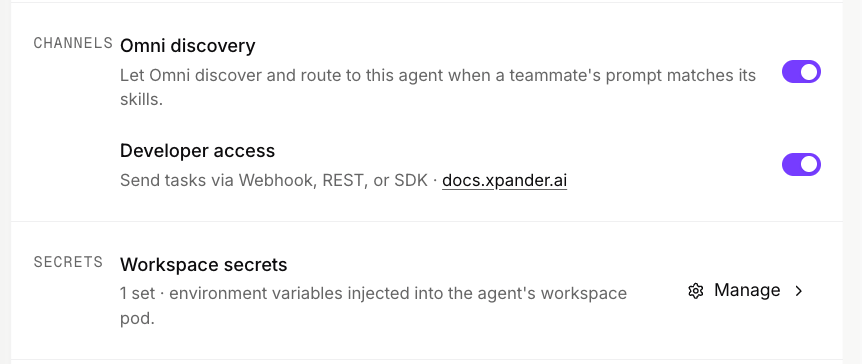 Channel settings showing Omni discovery and developer access