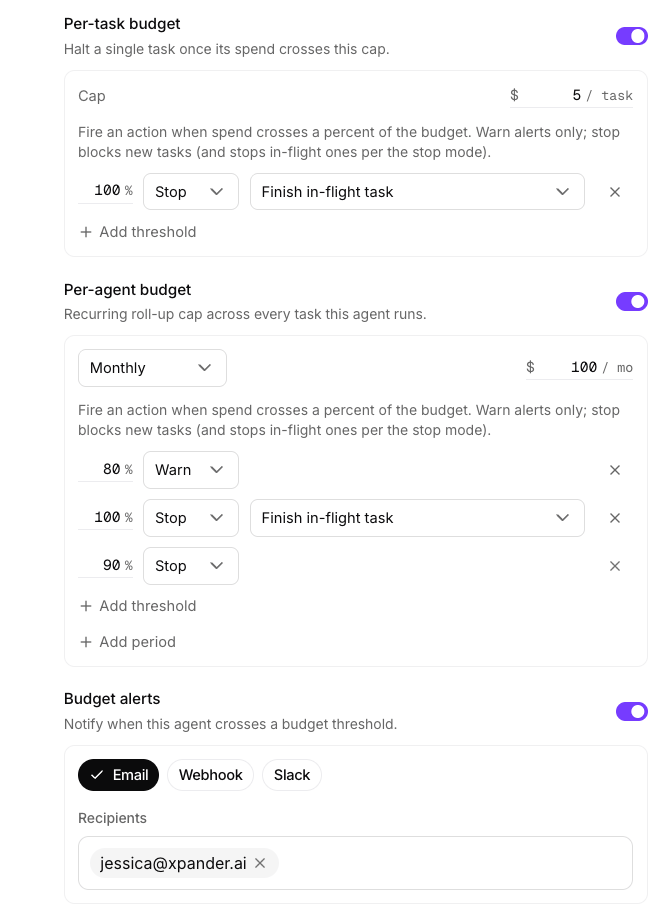 Per-task and per-agent budgets with budget alerts