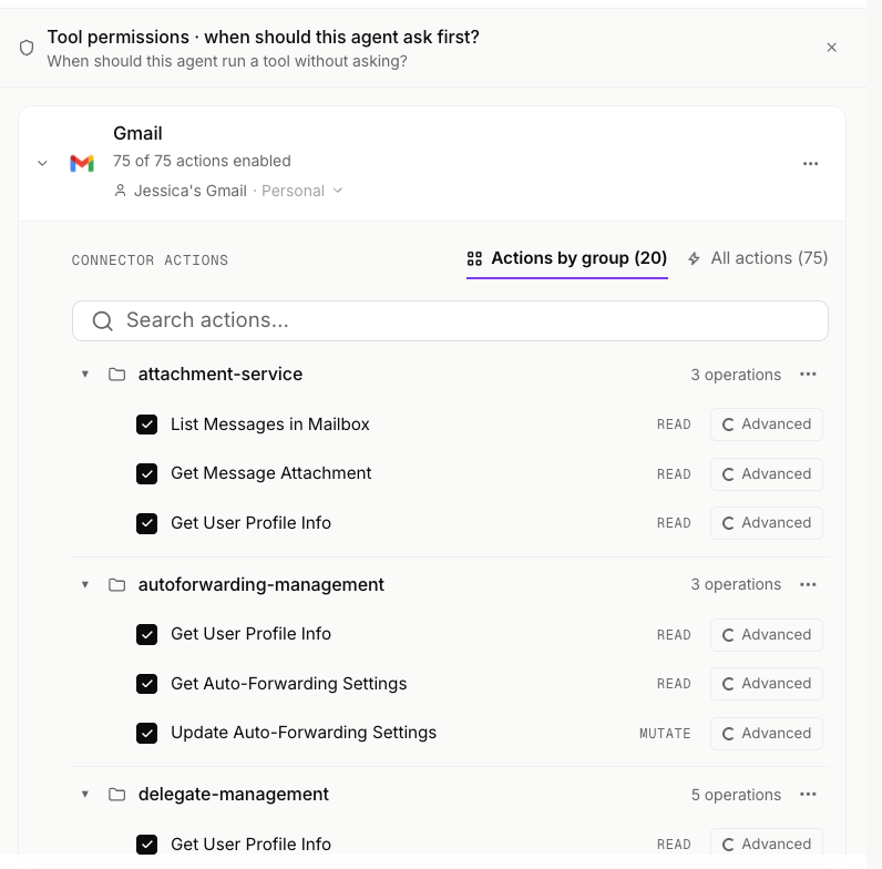 Tool permission controls for a custom agent