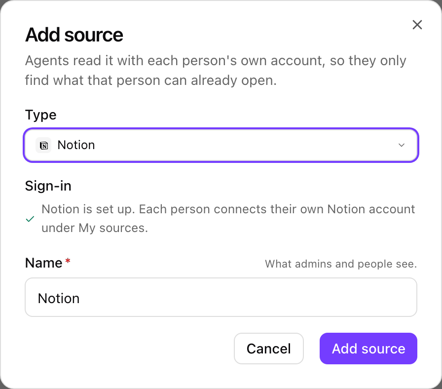 Add source dialog with Type Notion, Sign-in reading Notion is set up, Name Notion, and the Add source button