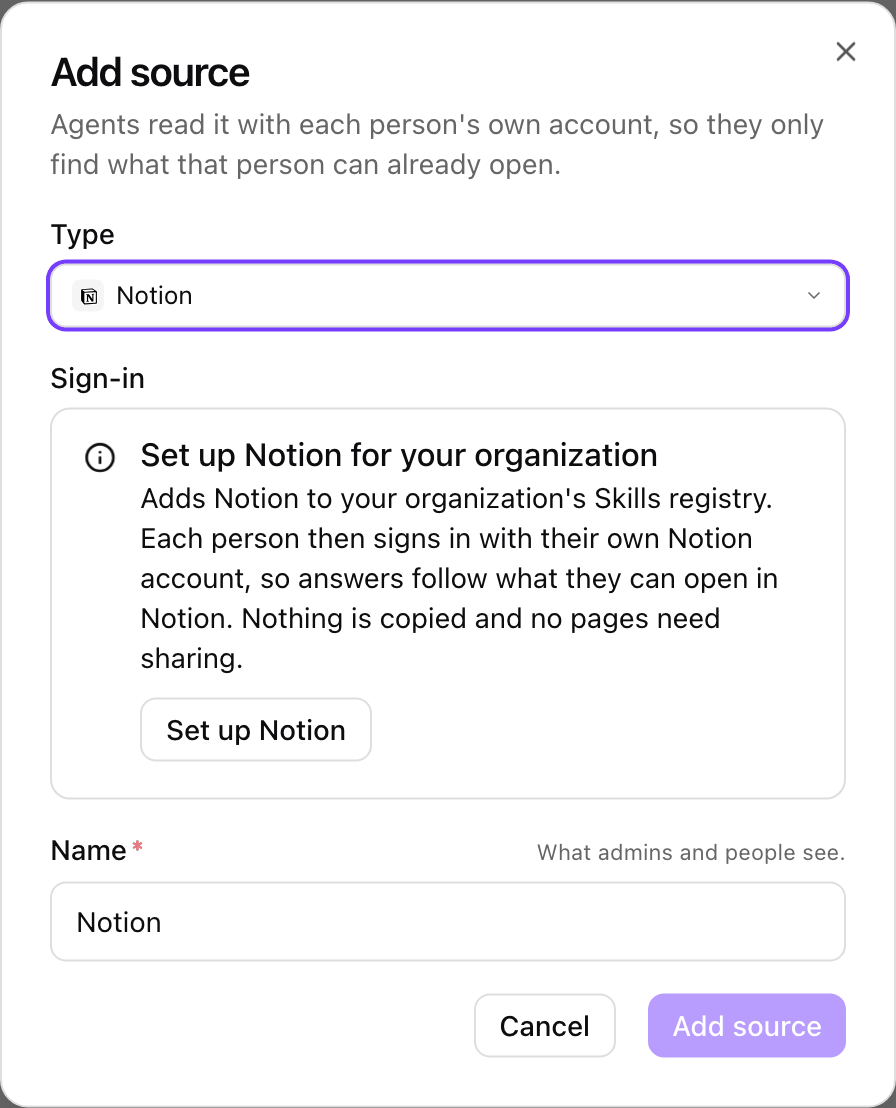 Add source dialog with Type Notion, the Sign-in section titled Set up Notion for your organization with a Set up Notion button, and Add source disabled