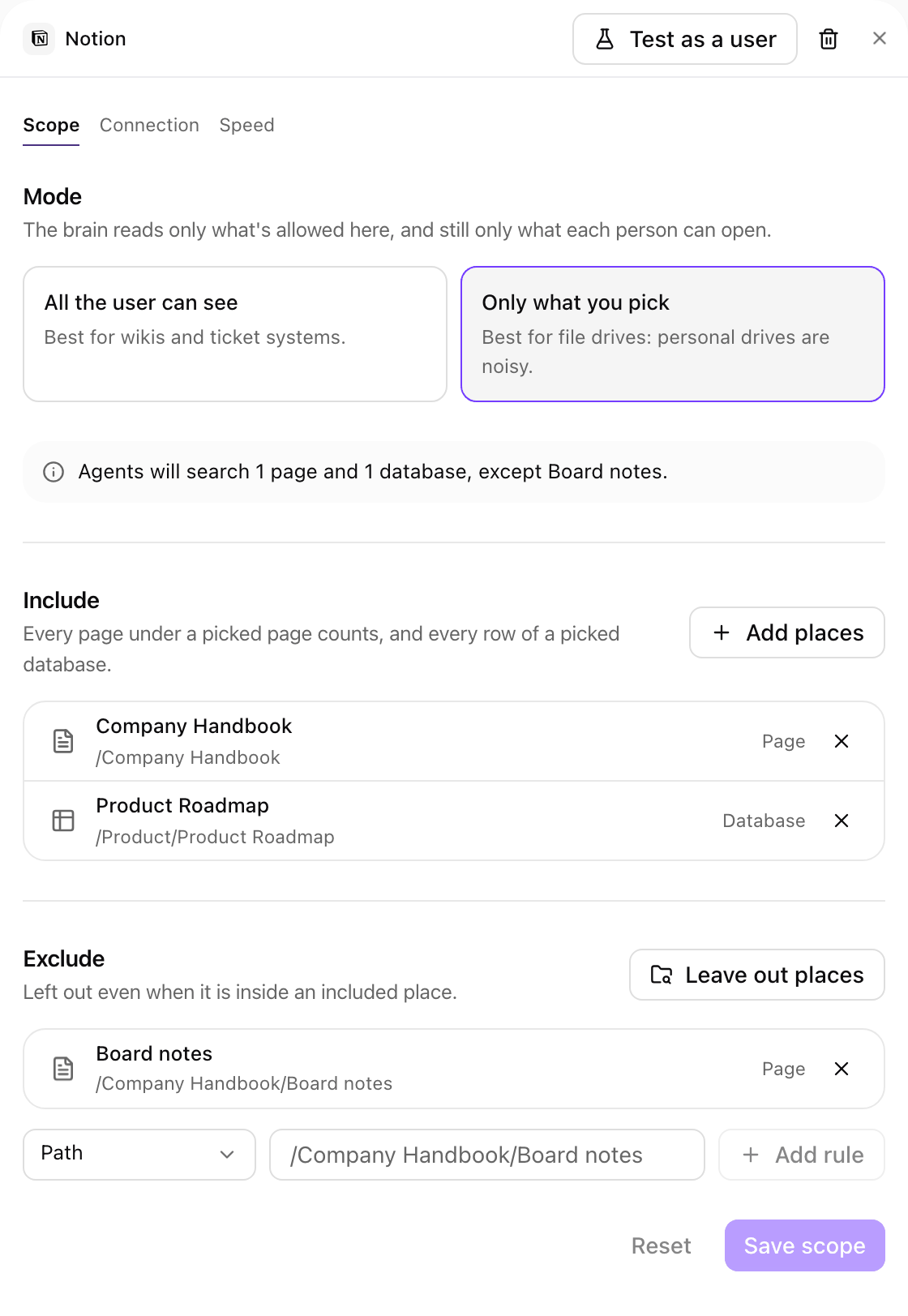 Notion source card on the Scope tab with Only what you pick selected, Include listing Company Handbook and Product Roadmap, and Board notes under Exclude