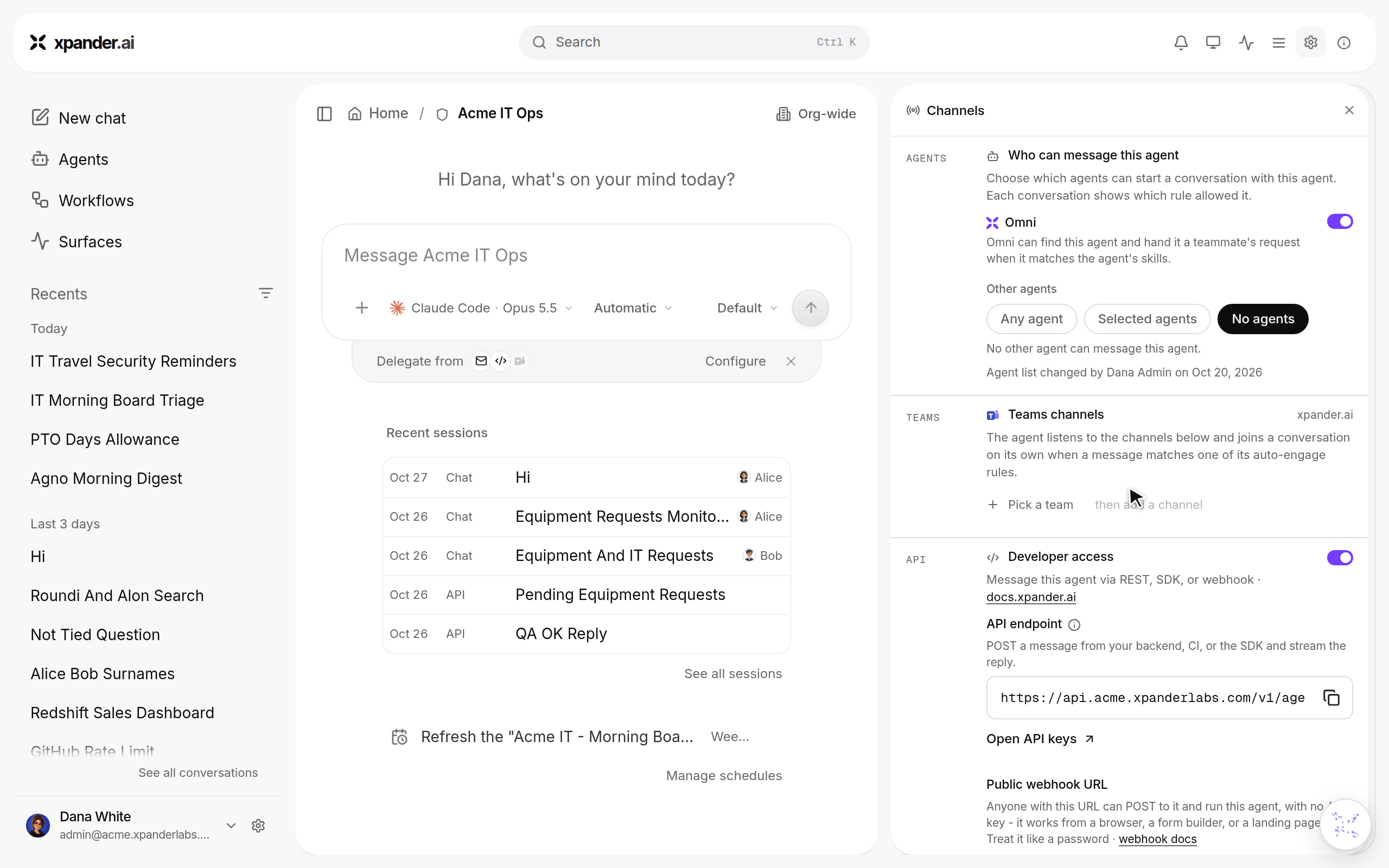 Acme IT Ops Channels panel scrolled down to Direct messages, with Send on First available or All selected, the Email channel ticked, and Who it can message