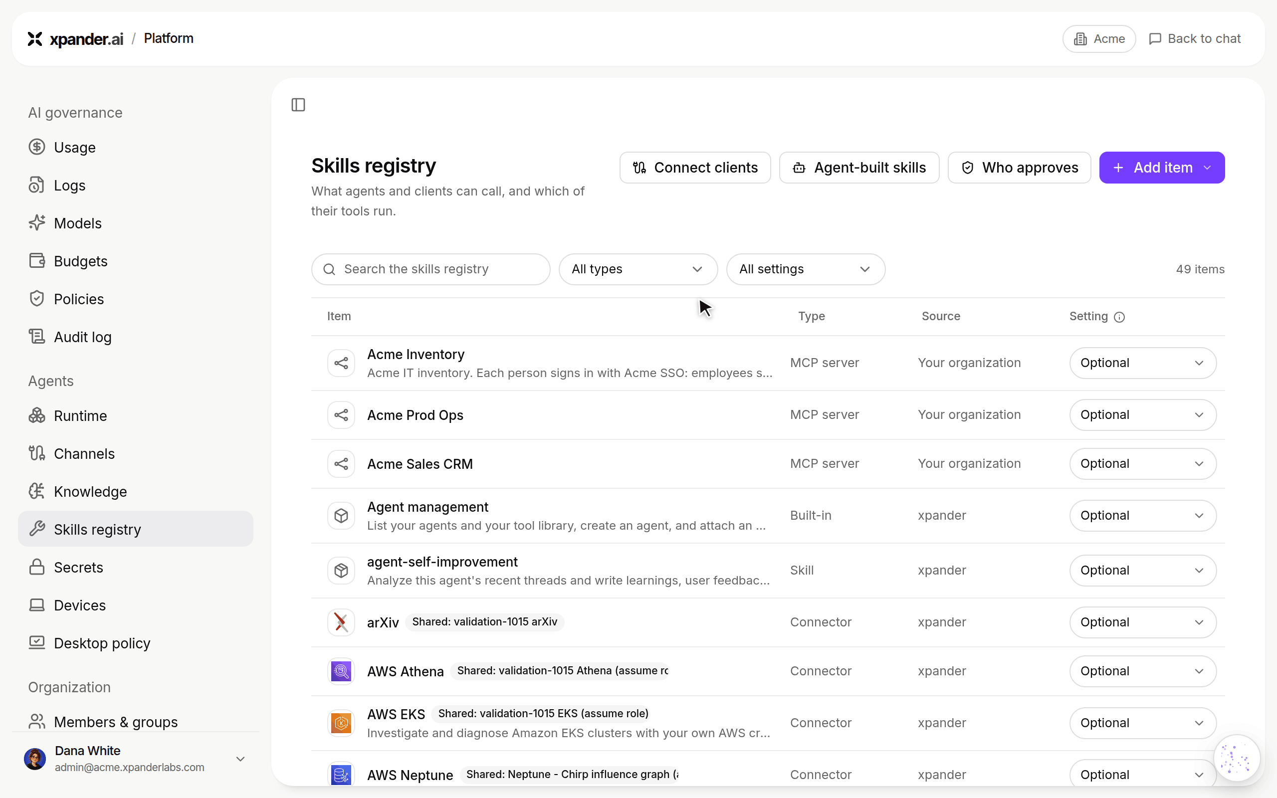 Skills registry list where clicking Acme Prod Ops opens its panel, and the cursor moves from All tools to Custom set under Tool access