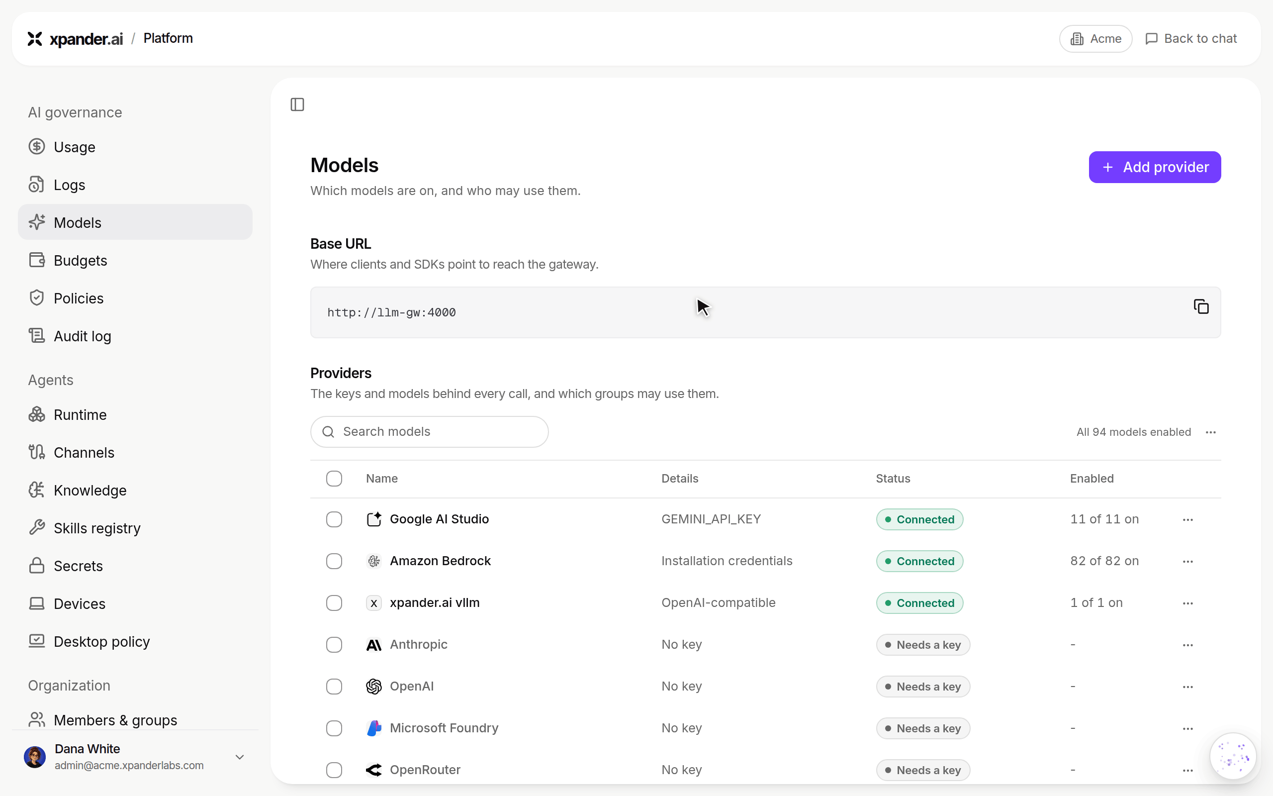 Models page where clicking Google AI Studio opens a panel with Keys, AI Gateway, Organization default and Models, and the cursor moves over Enable all and Disable all