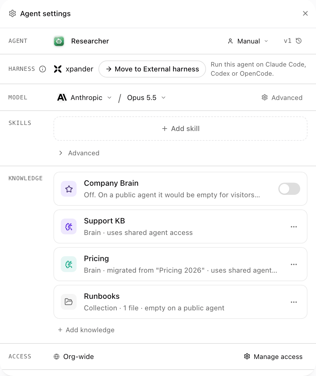 Agent settings with the Knowledge row: Company Brain switched off for a public agent, the Support KB and Pricing brains using shared agent access, the Runbooks collection, and Add knowledge