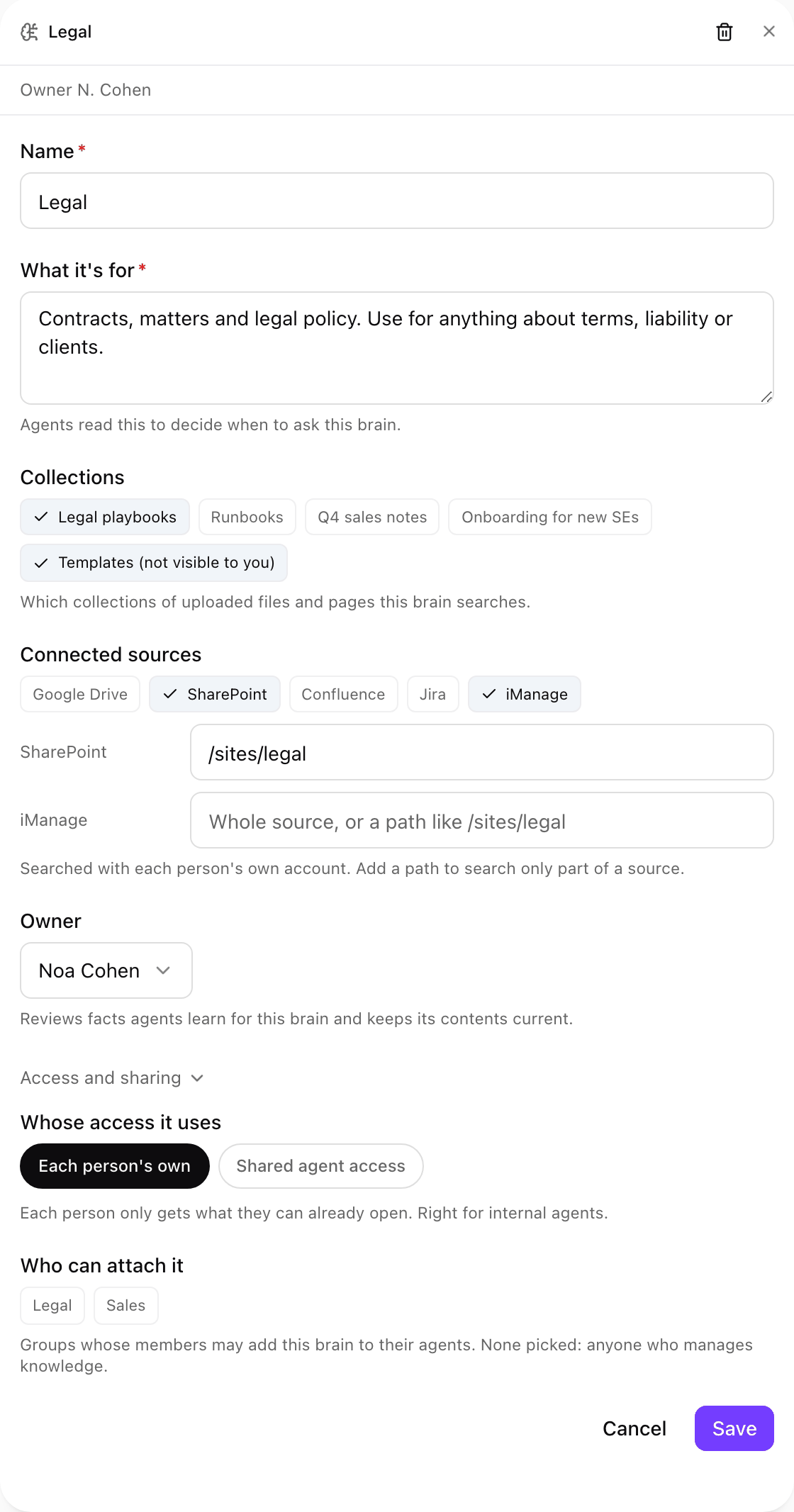 Legal brain card with Name, What it's for, Collections chips, Connected sources with a /sites/legal path for SharePoint, Owner, and Access and sharing with Whose access it uses set to Each person's own and Who can attach it