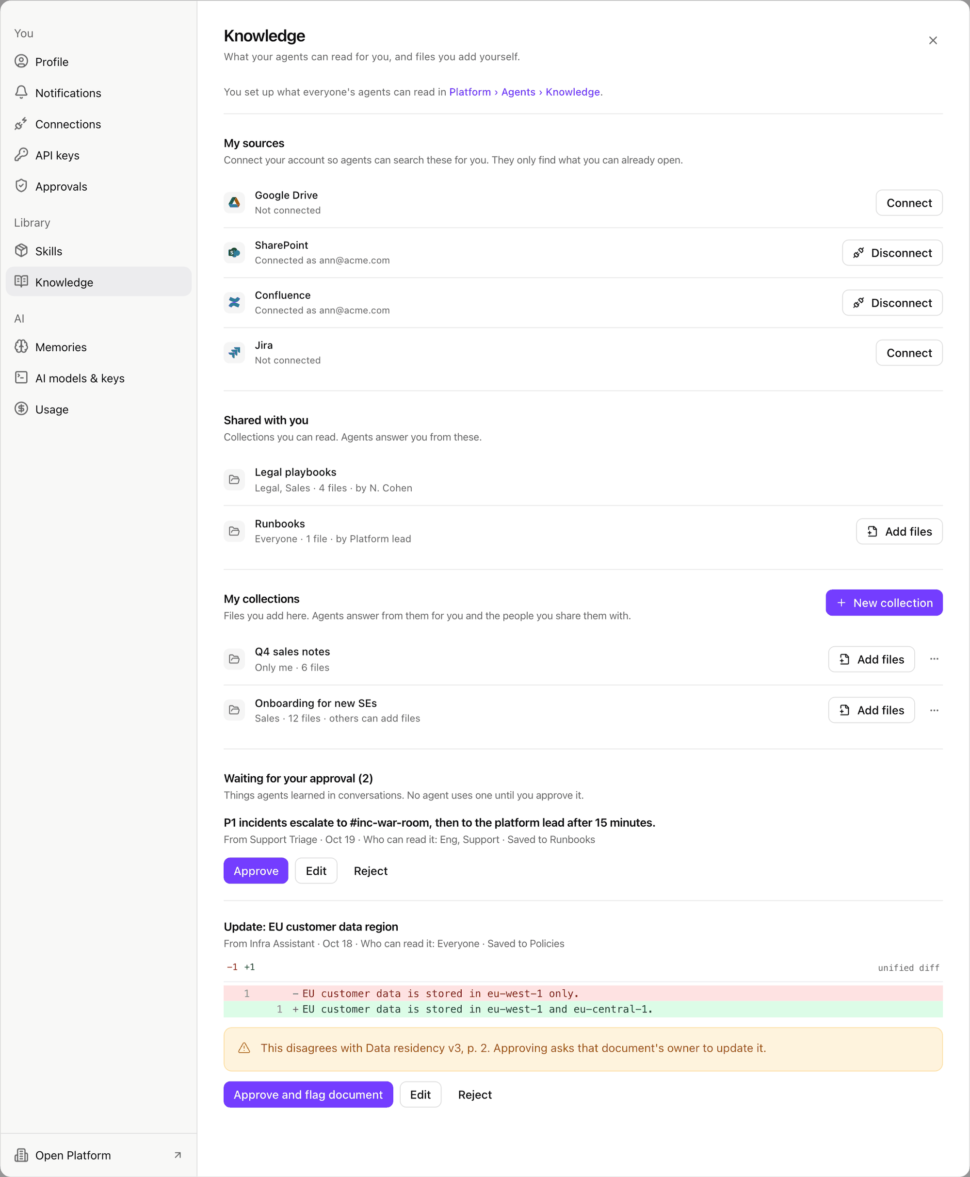 Settings, Knowledge tab with My sources (Google Drive and Jira with Connect, SharePoint and Confluence connected with Disconnect), Shared with you, My collections with New collection and Add files, and Waiting for your approval (2)