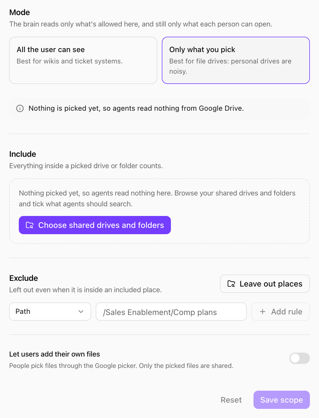 Scope tab with the modes All the user can see and Only what you pick, an Include section with the Choose shared drives and folders button, Exclude with Leave out places and Add rule, Let users add their own files, and Save scope