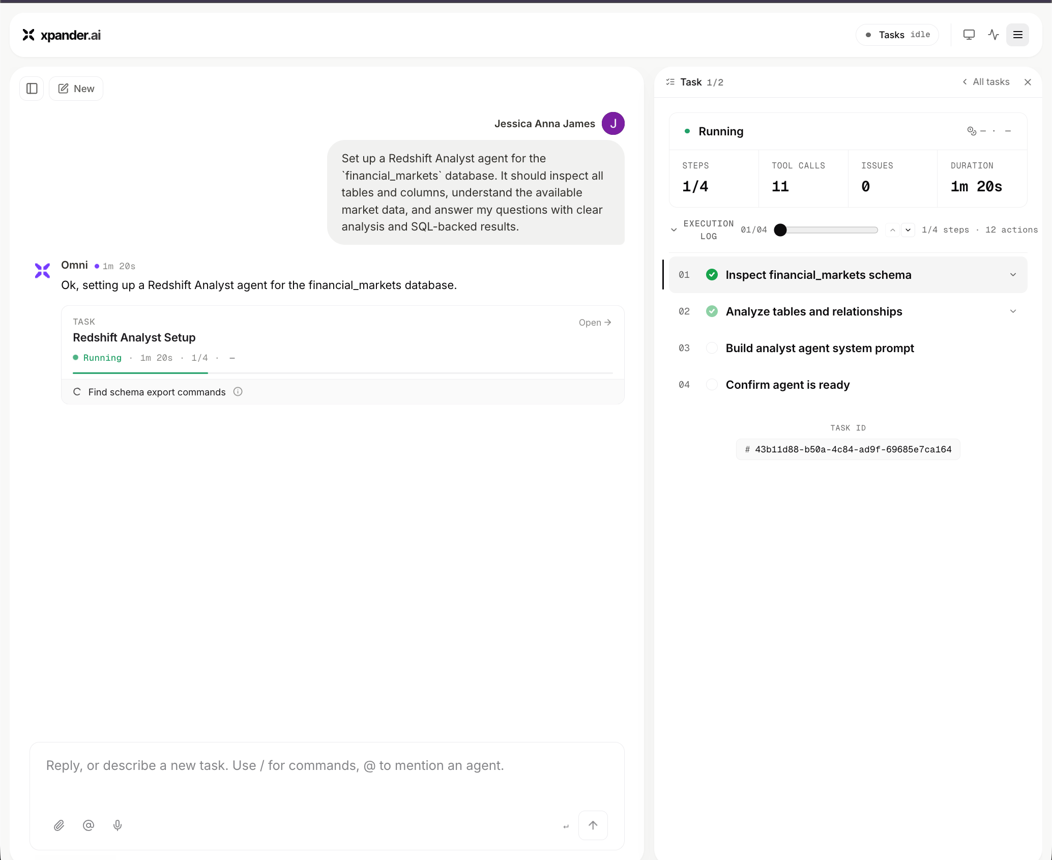Omni building a Redshift agent from a request