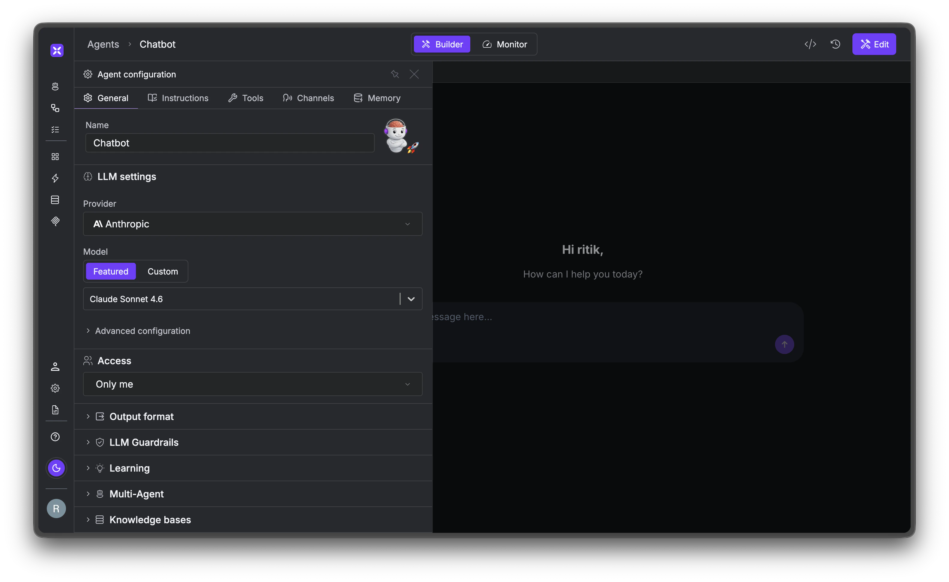 The xpander.ai agent builder: configure instructions, tools, channels, and memory, then test in a live chat.