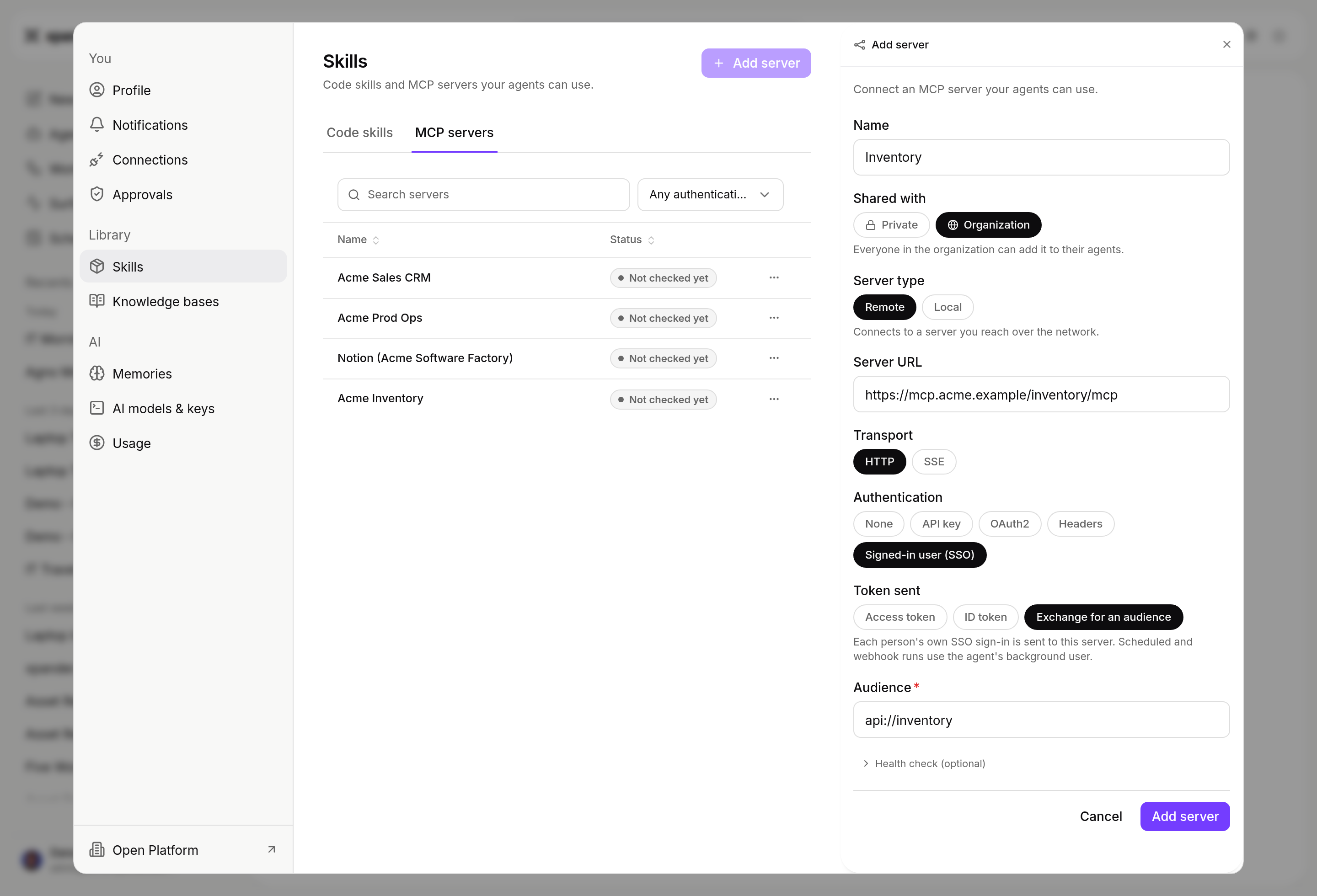 Add server panel in Settings > Skills > MCP servers with Name Inventory, Shared with Organization, Server type Remote, a Server URL, Transport HTTP, Authentication Signed-in user (SSO), Token sent Exchange for an audience, Audience api://inventory, and Health check (optional)