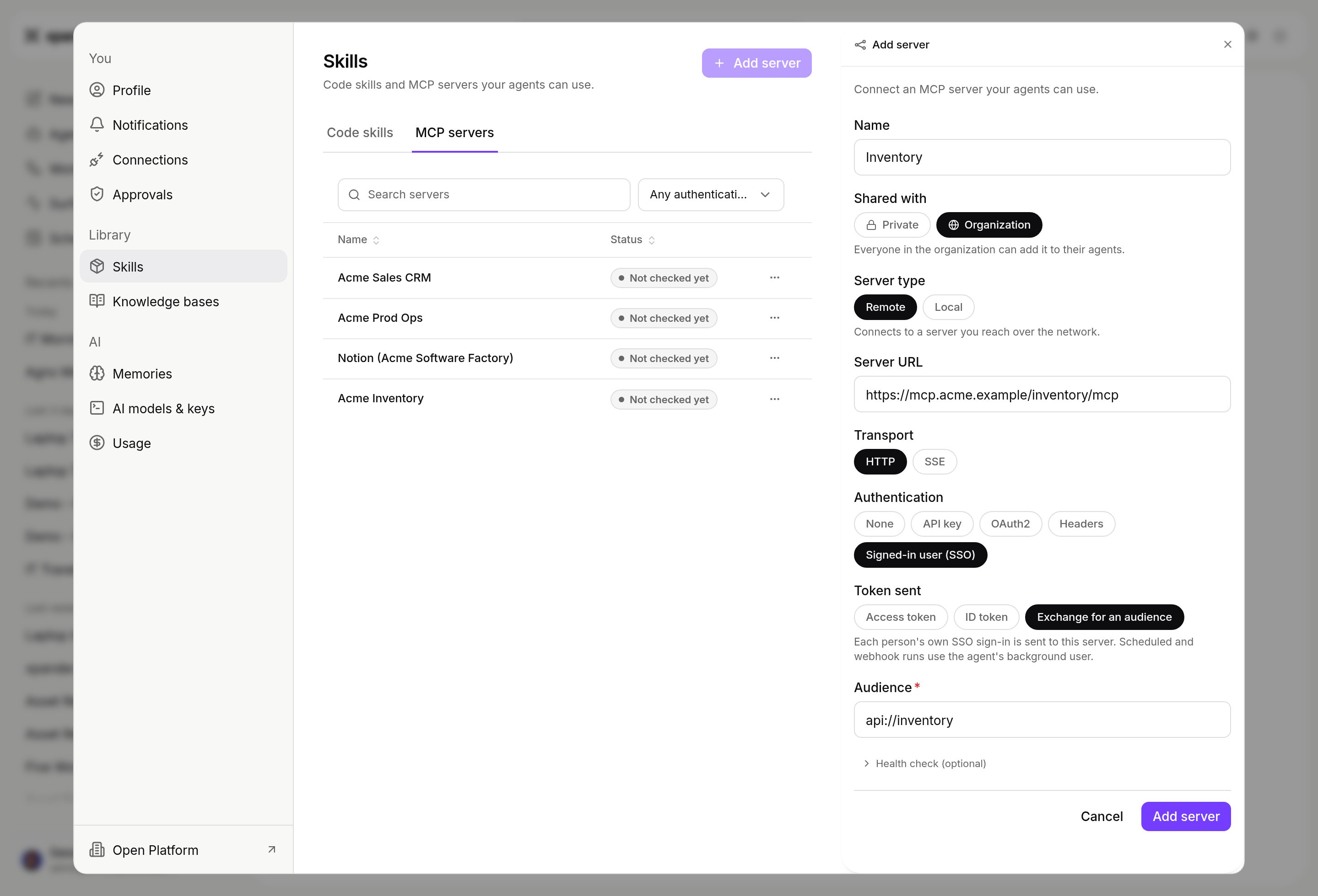 Add server panel in Settings > Skills > MCP servers with Name Inventory, Shared with Organization, Server type Remote, a Server URL, Transport HTTP, Authentication Signed-in user (SSO), Token sent Exchange for an audience, Audience api://inventory, and Health check (optional)