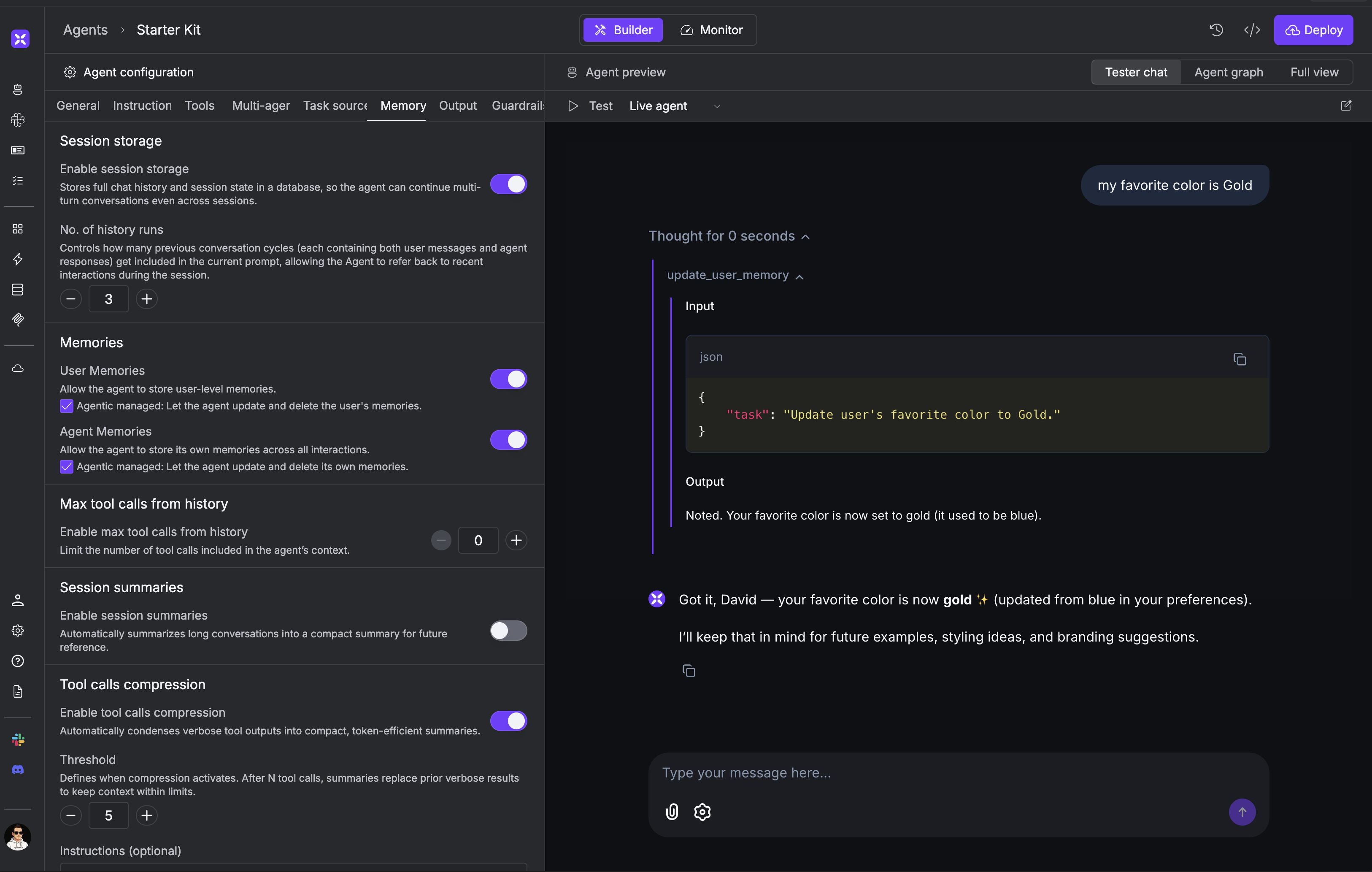 Agent Memory Settings