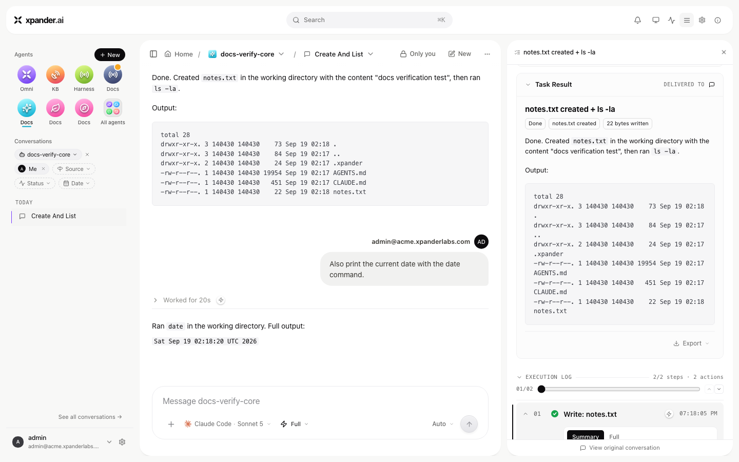 Task Details panel showing status, token count, execution log steps and the final result