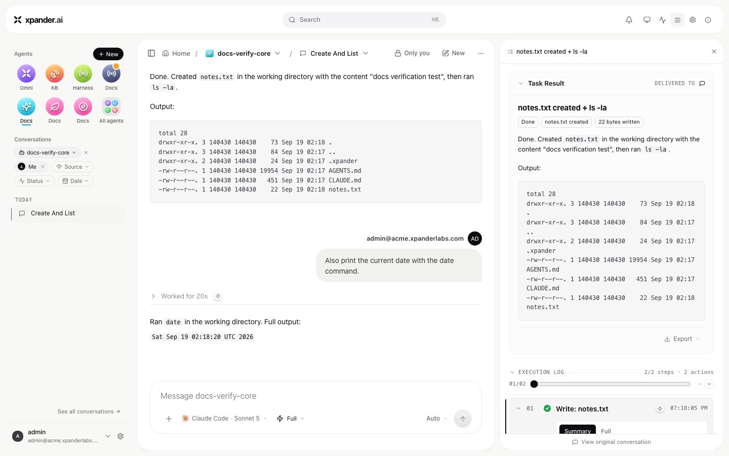 Task Details panel showing status, token count, execution log steps and the final result