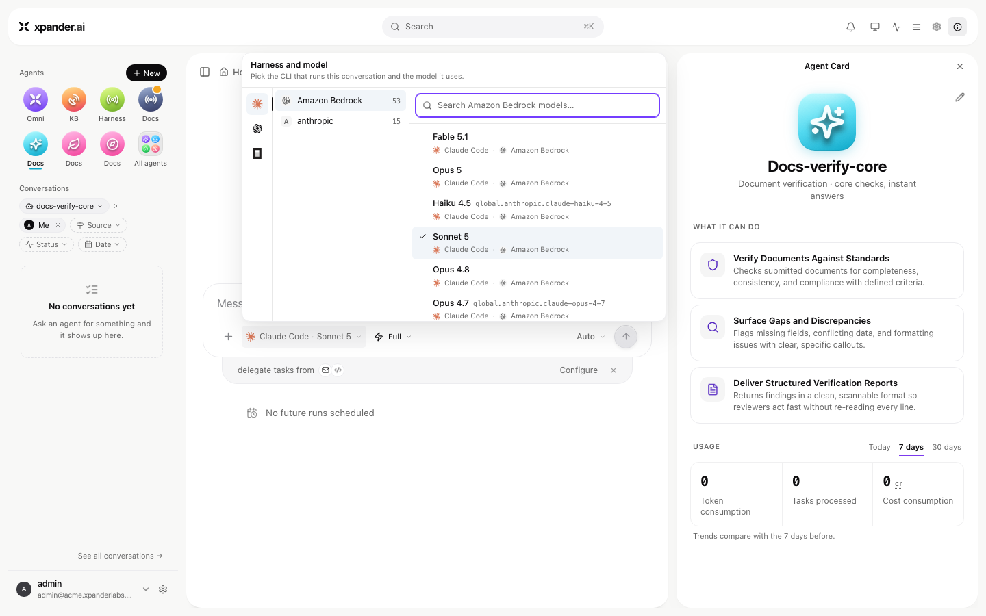 Harness and model picker showing Claude Code models grouped by provider