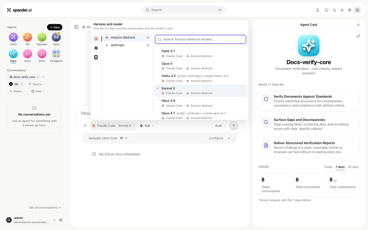 Harness and model picker showing Claude Code models grouped by provider