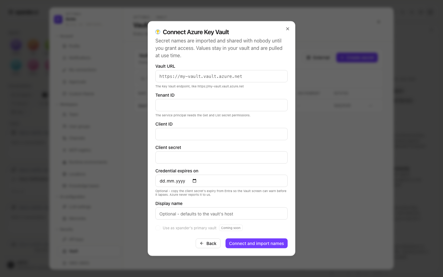 Connect Azure Key Vault dialog