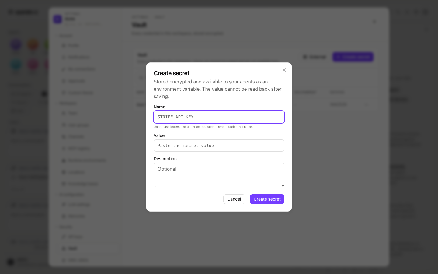 Create secret dialog