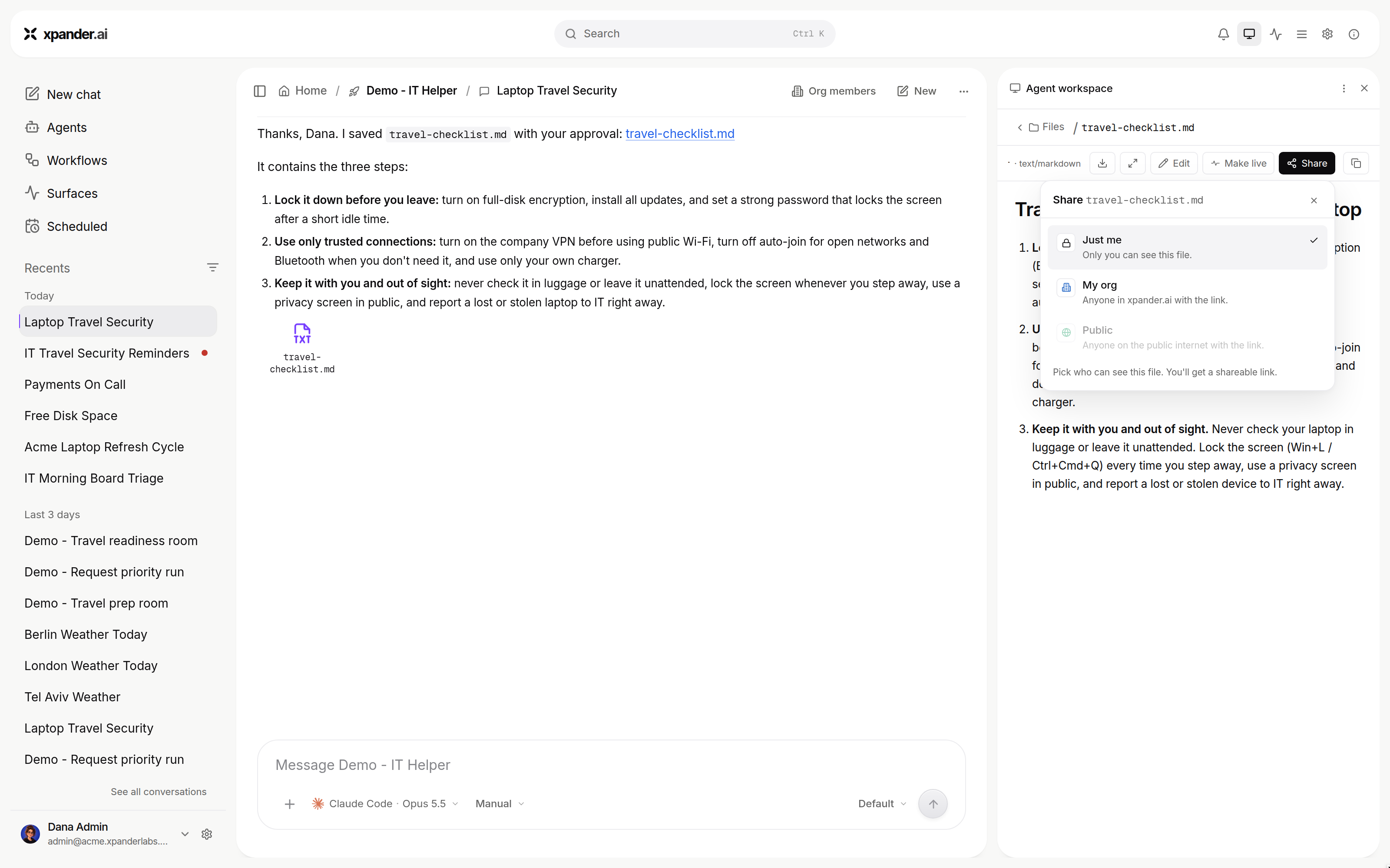 Share dialog for a file with Just me, My org and Public audience options