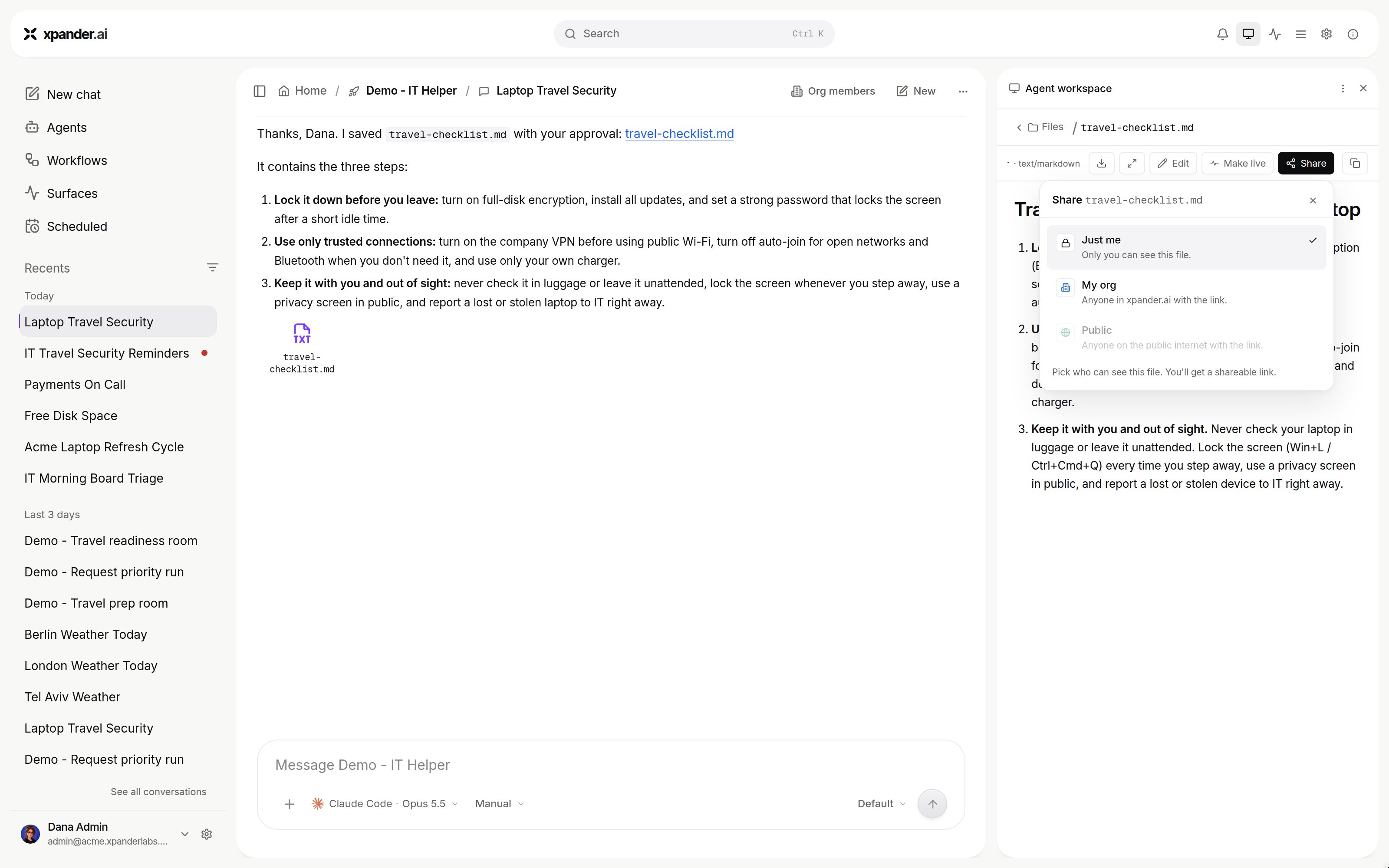 Share dialog for a file with Just me, My org and Public audience options