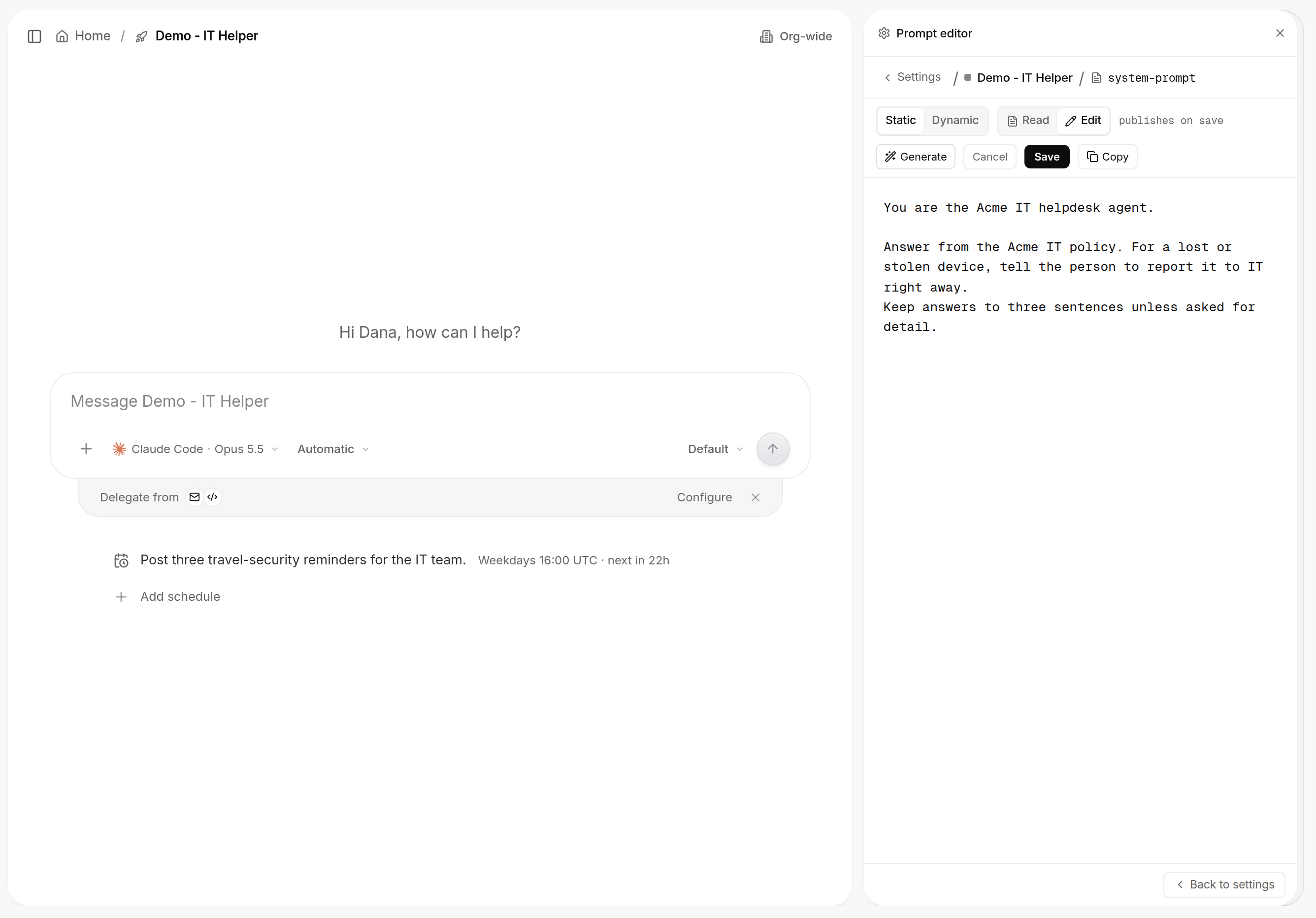 Prompt editor in Static mode and Edit, with Generate, Cancel, Save and Copy buttons and a short helpdesk prompt typed in