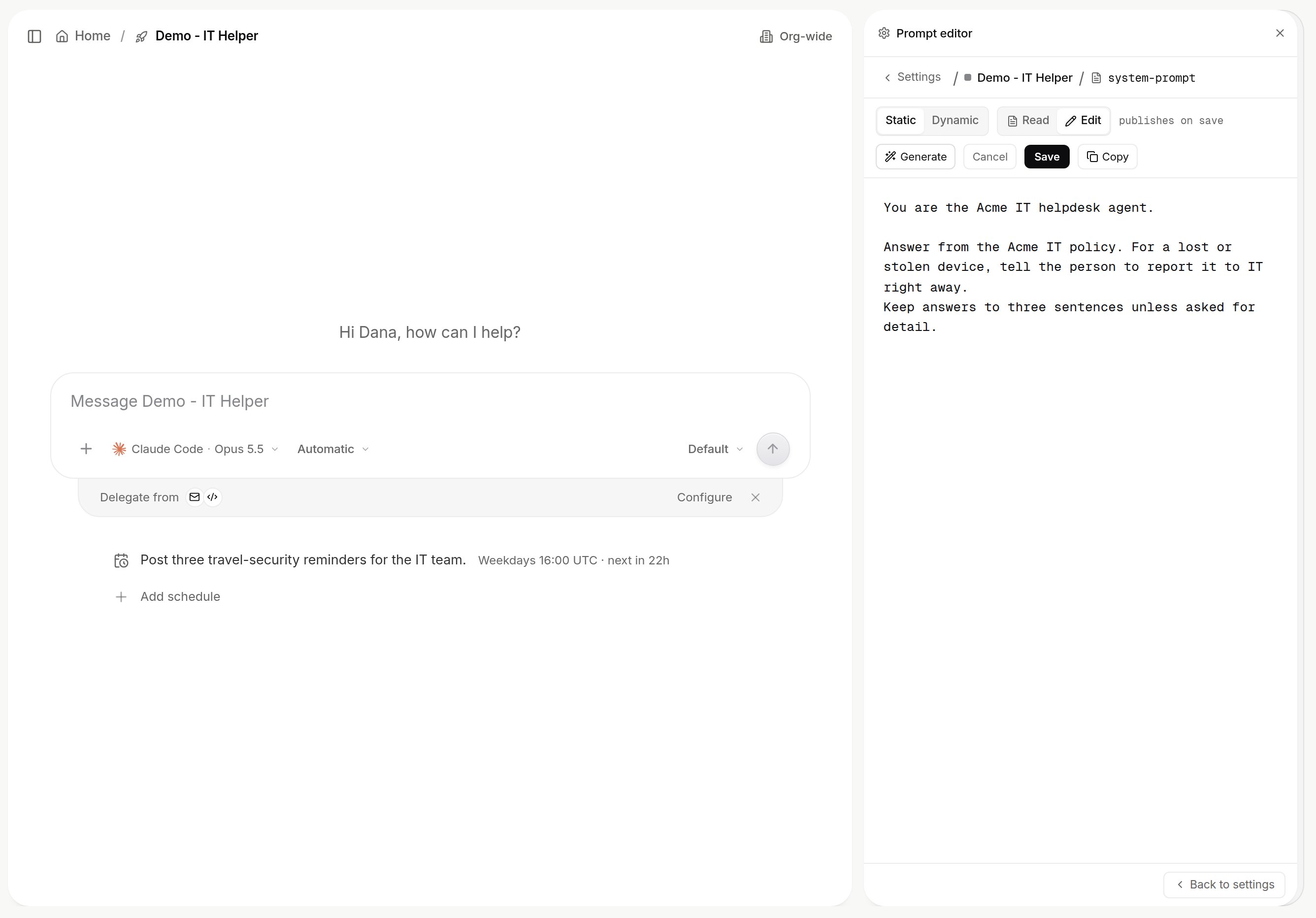 Prompt editor in Static mode and Edit, with Generate, Cancel, Save and Copy buttons and a short helpdesk prompt typed in