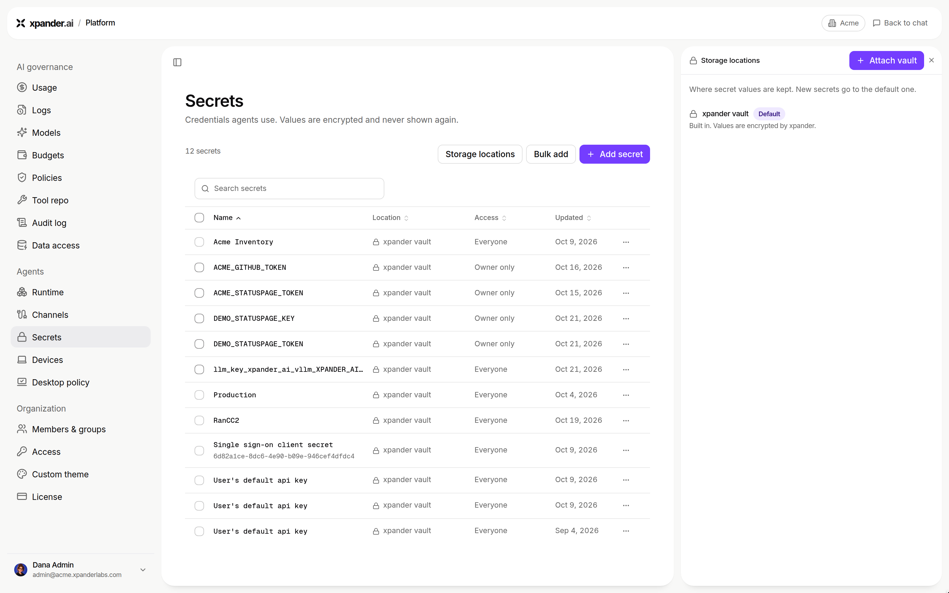Secrets page with the Storage locations panel open, listing xpander vault marked Default and an Attach vault button