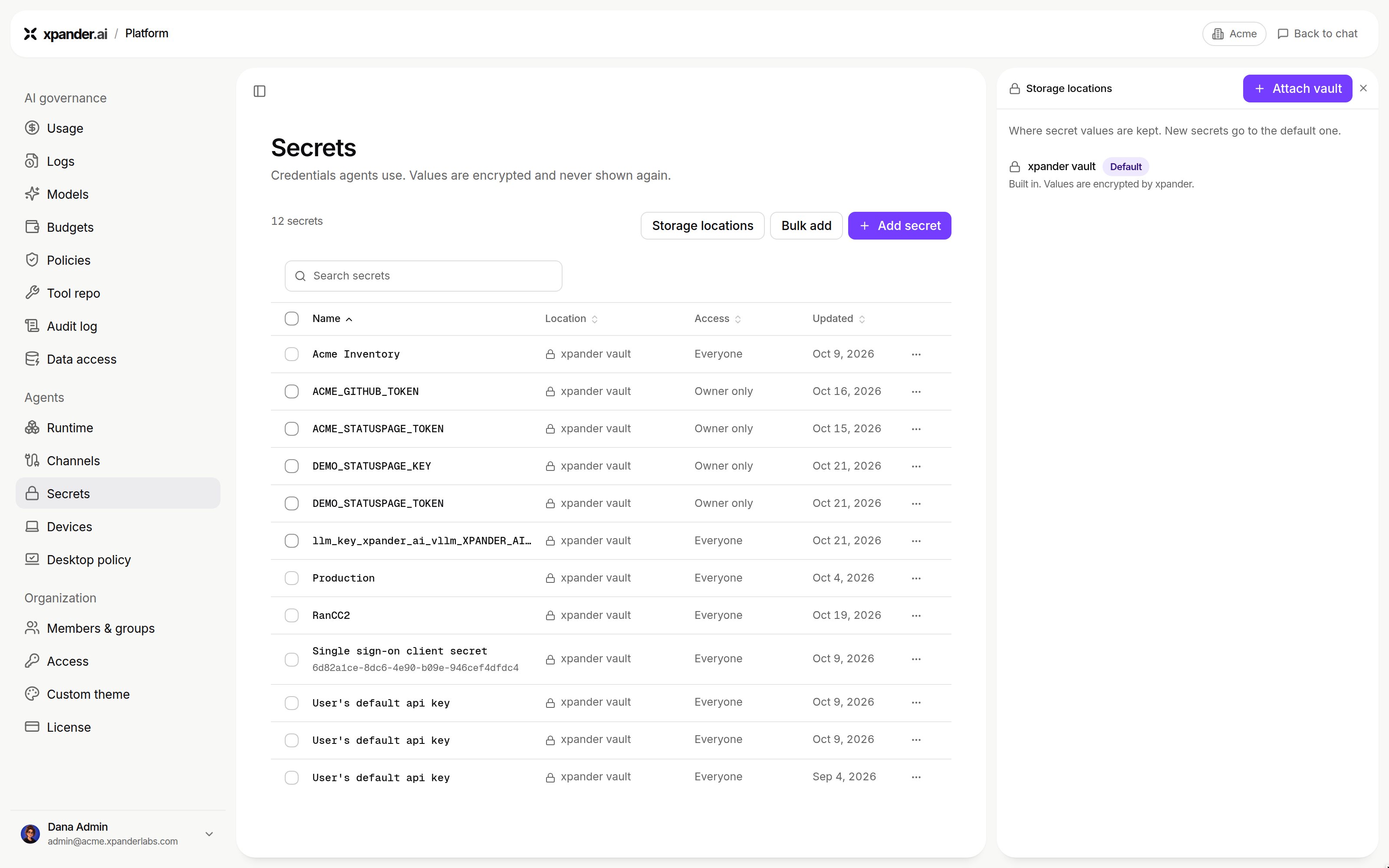 Secrets page with the Storage locations panel open, listing xpander vault marked Default and an Attach vault button
