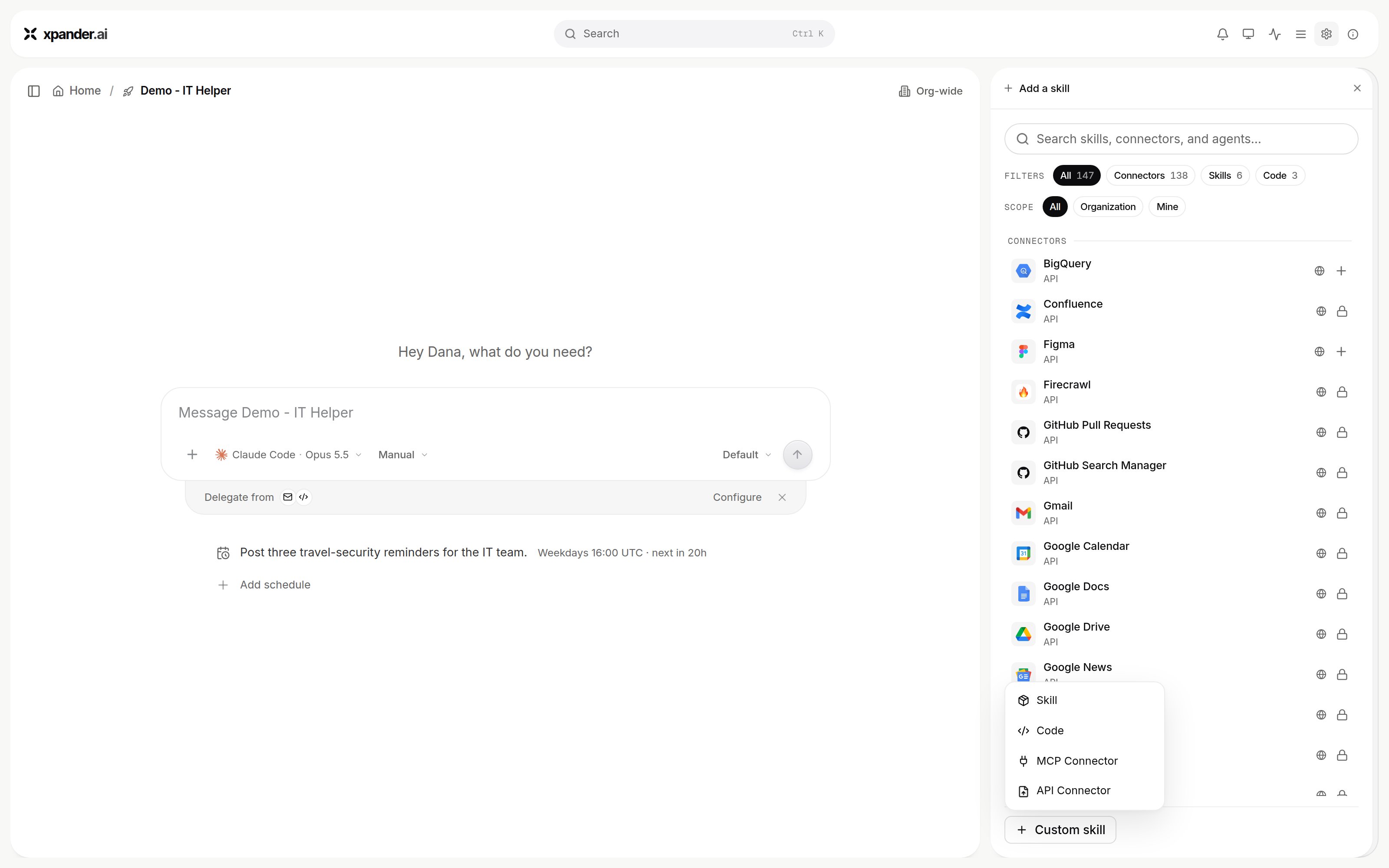 Add skill panel with filters All, Connectors, Skills, Code and scope All, Organization, Mine; the Custom skill menu is open showing Skill, Code, MCP Connector and API Connector
