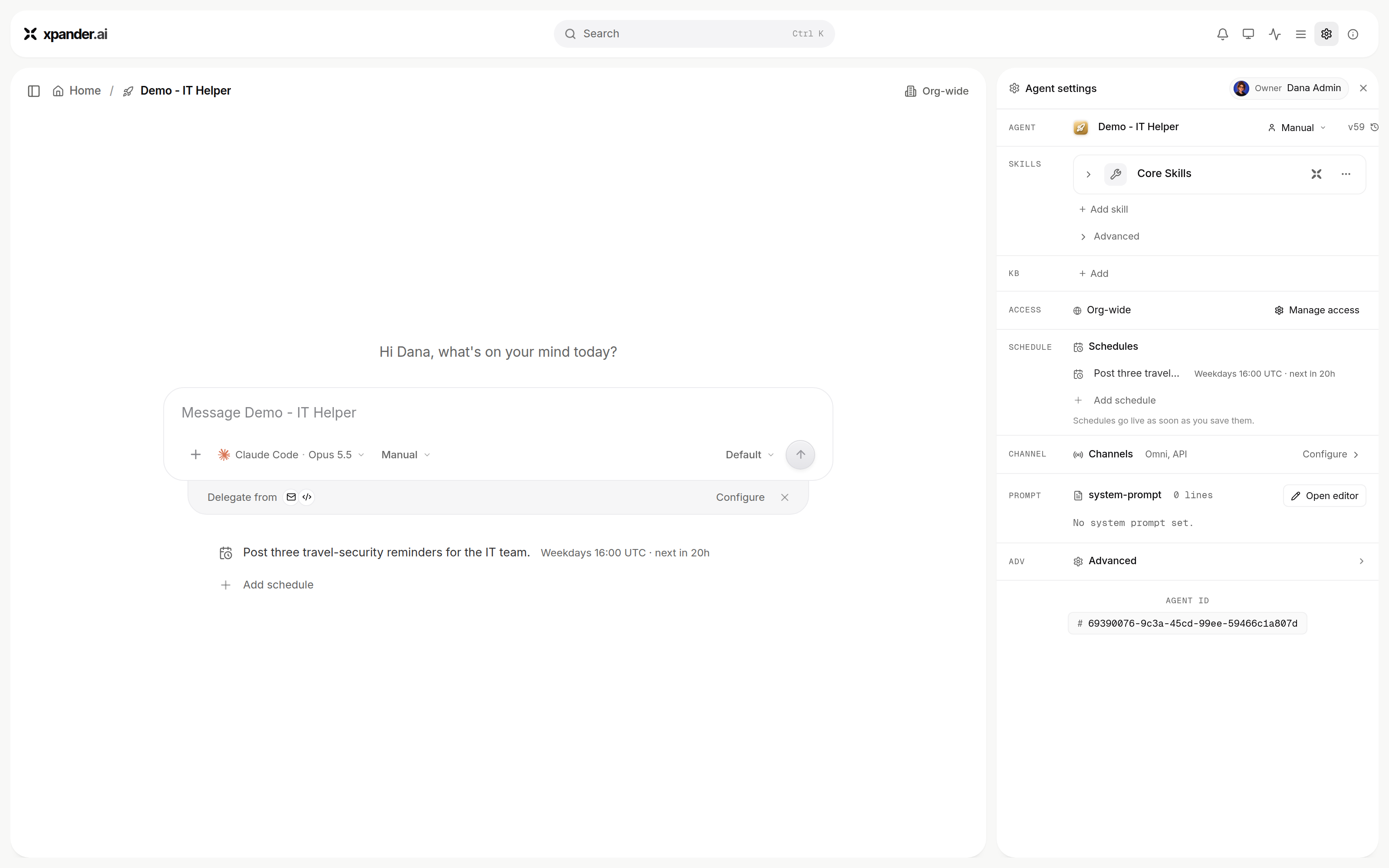 Agent settings panel with a Skills section holding Core Skills and an Add skill link, then KB, Access, Schedule, Channel, Prompt and Advanced rows