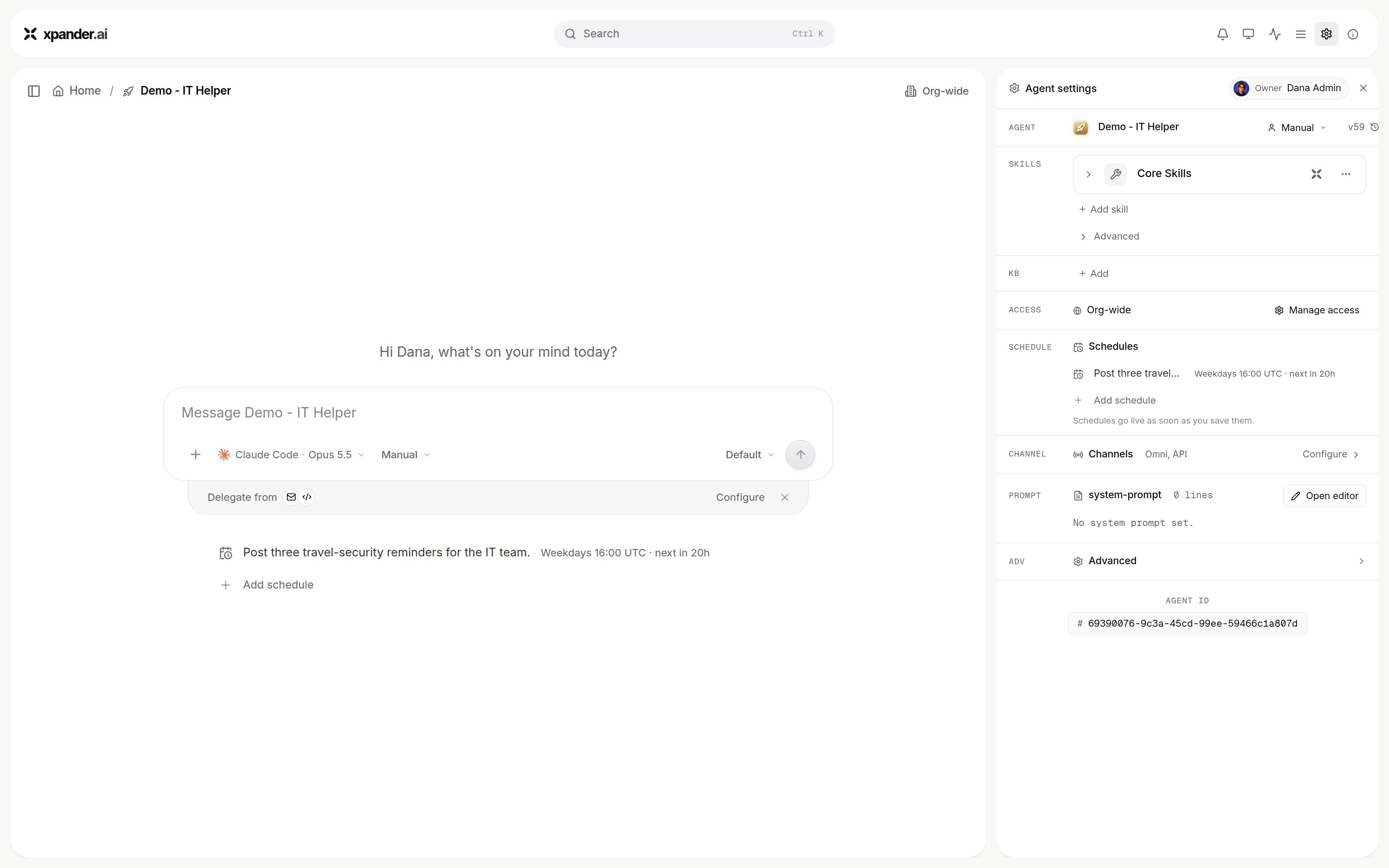 Agent settings panel with a Skills section holding Core Skills and an Add skill link, then KB, Access, Schedule, Channel, Prompt and Advanced rows