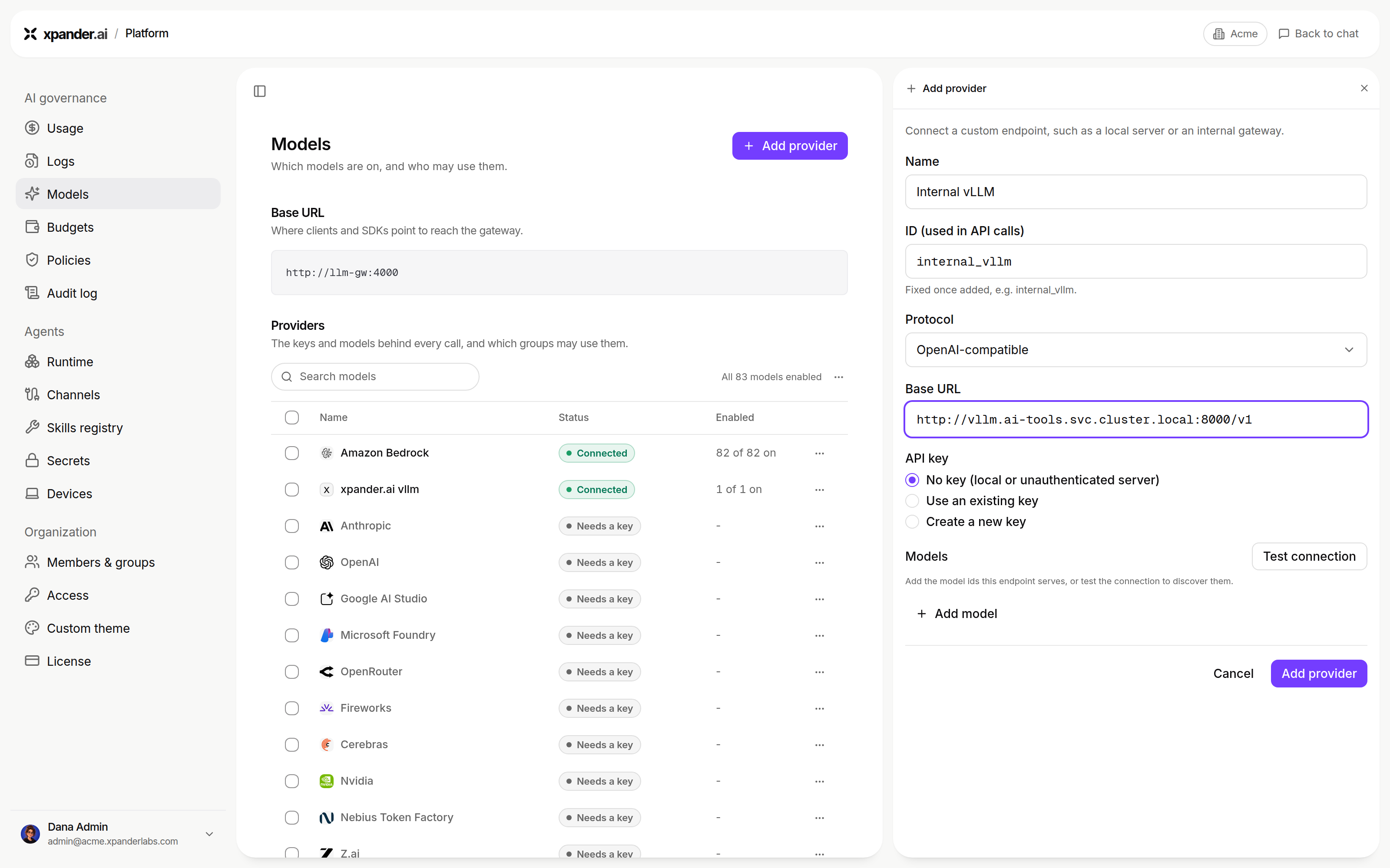Add provider panel with Name, ID (used in API calls), Protocol OpenAI-compatible, Base URL, API key options No key, Use an existing key and Create a new key, and a Models section with Test connection and Add model