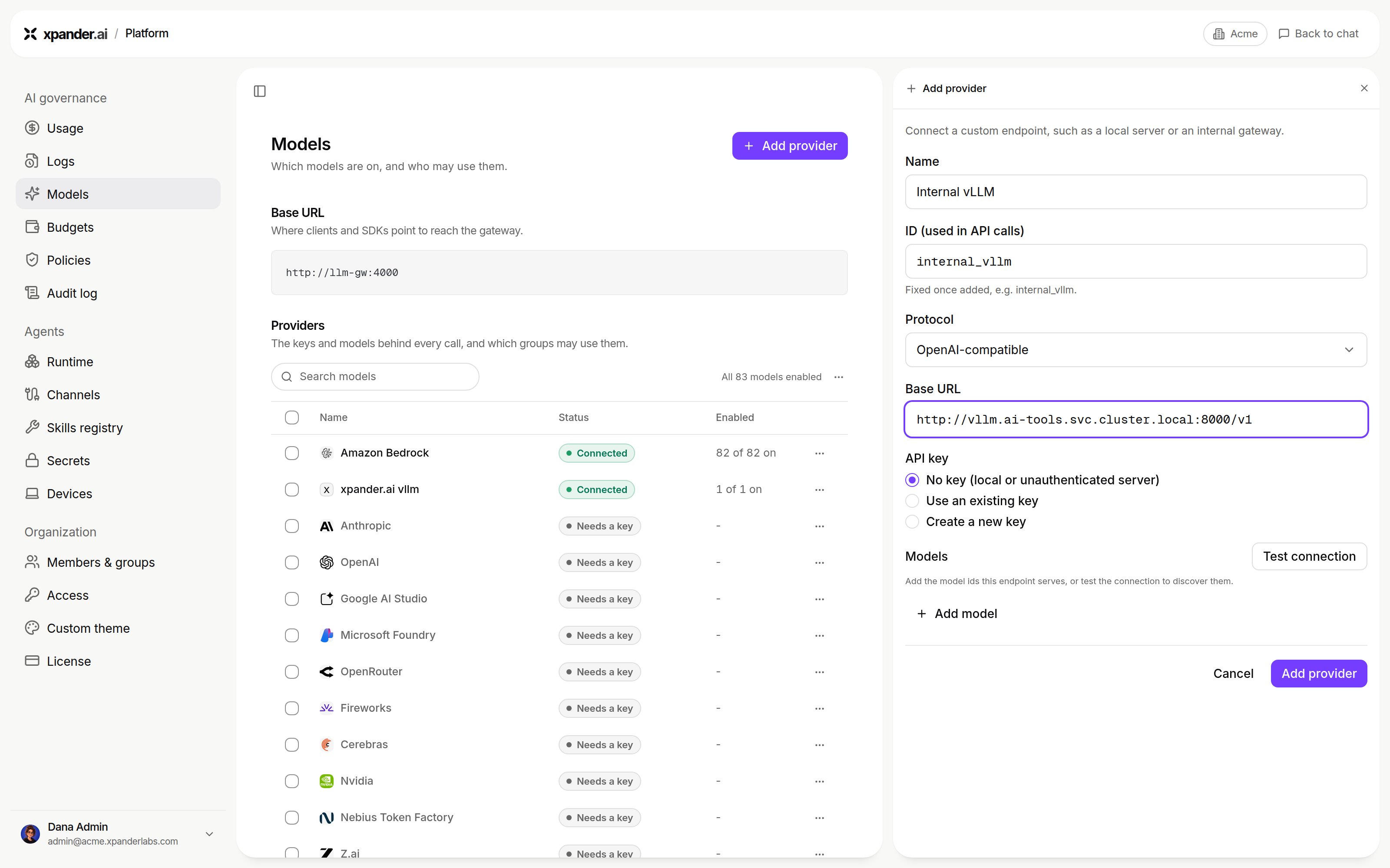 Add provider panel with Name, ID (used in API calls), Protocol OpenAI-compatible, Base URL, API key options No key, Use an existing key and Create a new key, and a Models section with Test connection and Add model