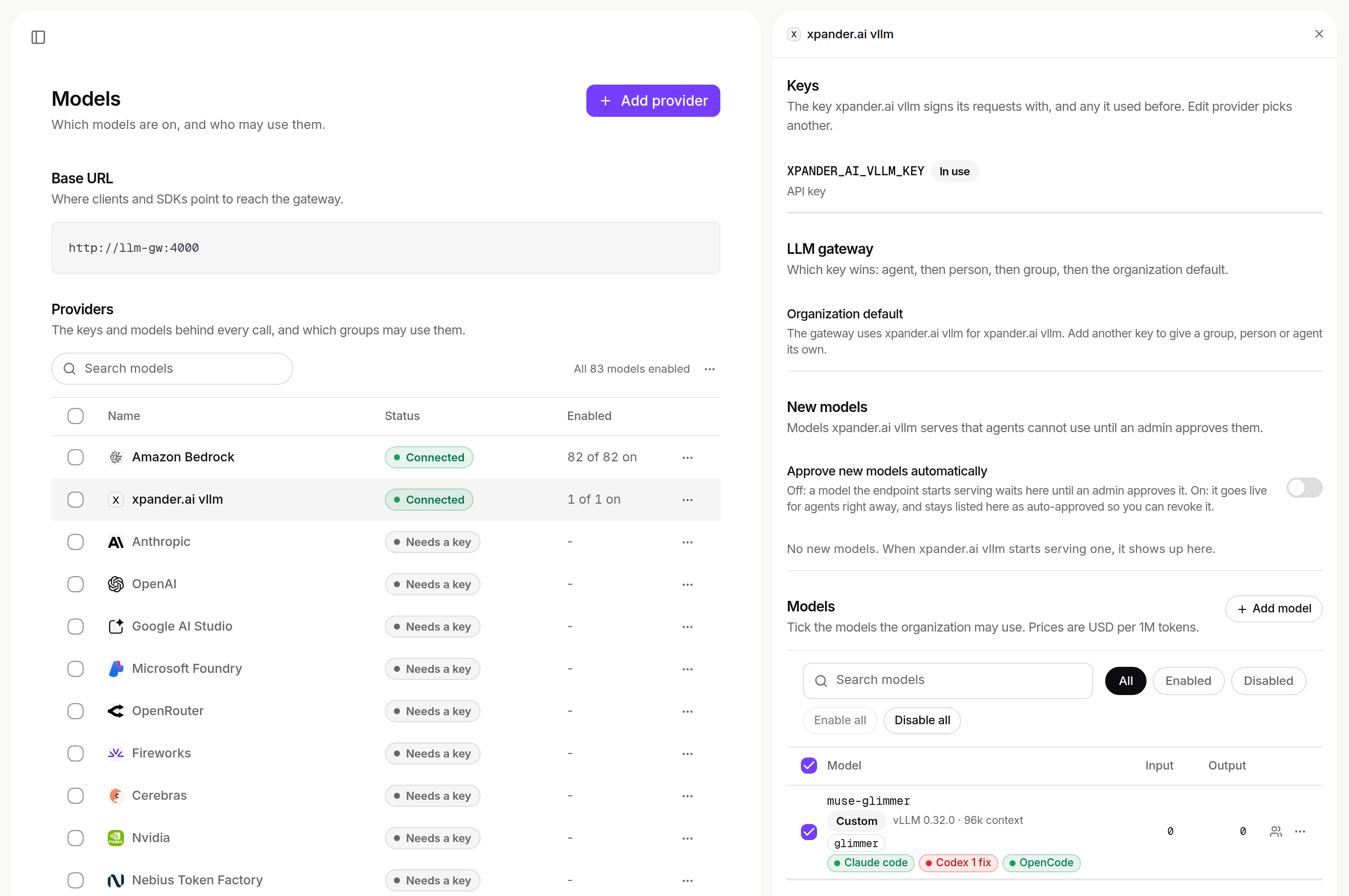 Models page with the xpander.ai vllm provider panel open, showing Keys, LLM gateway, New models with Approve new models automatically, a Models list with muse-glimmer ticked and its prices