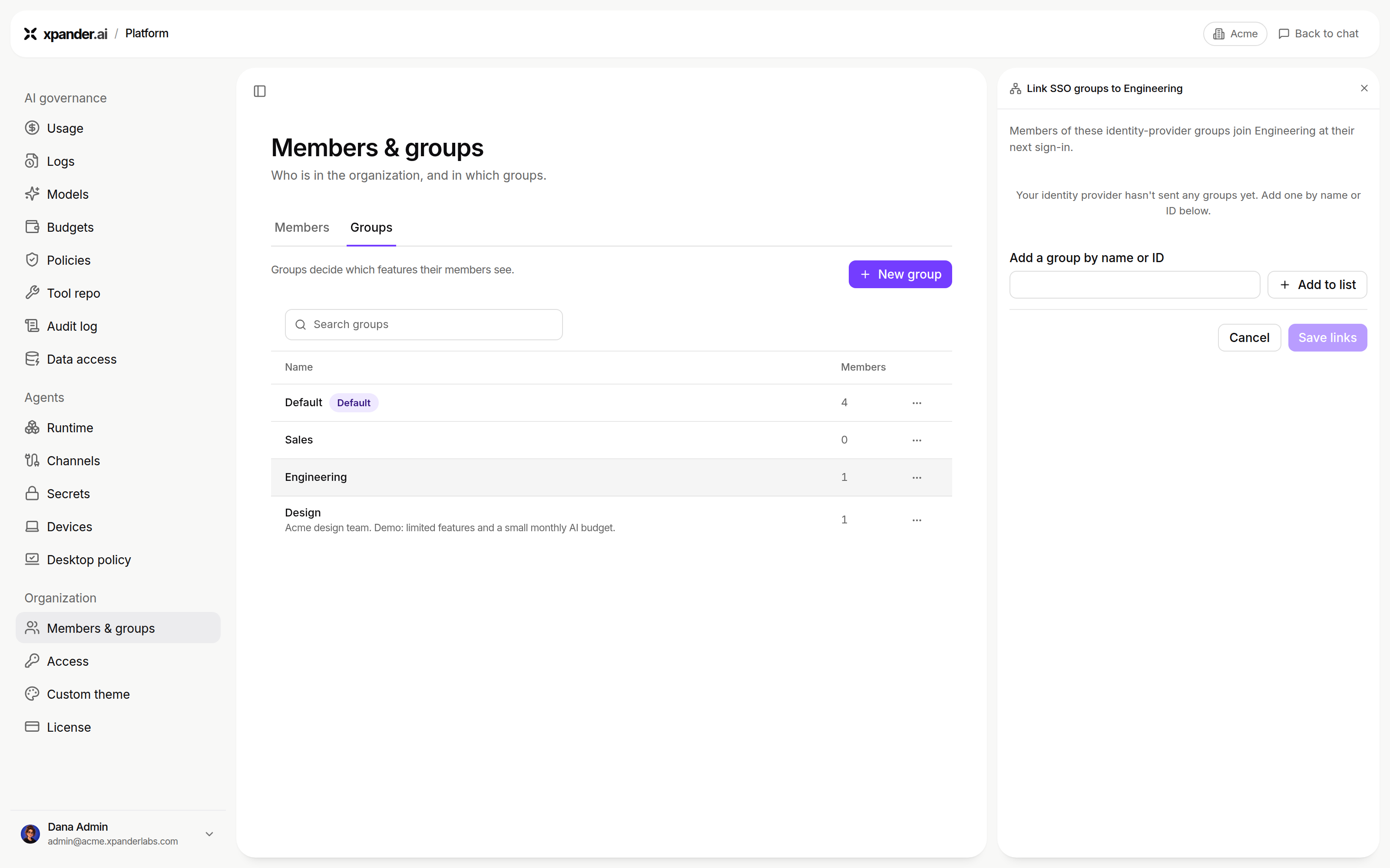 Members & groups on the Groups tab with the Link SSO groups to Engineering panel open: no groups received yet, an Add a group by name or ID field with Add to list, and Save links