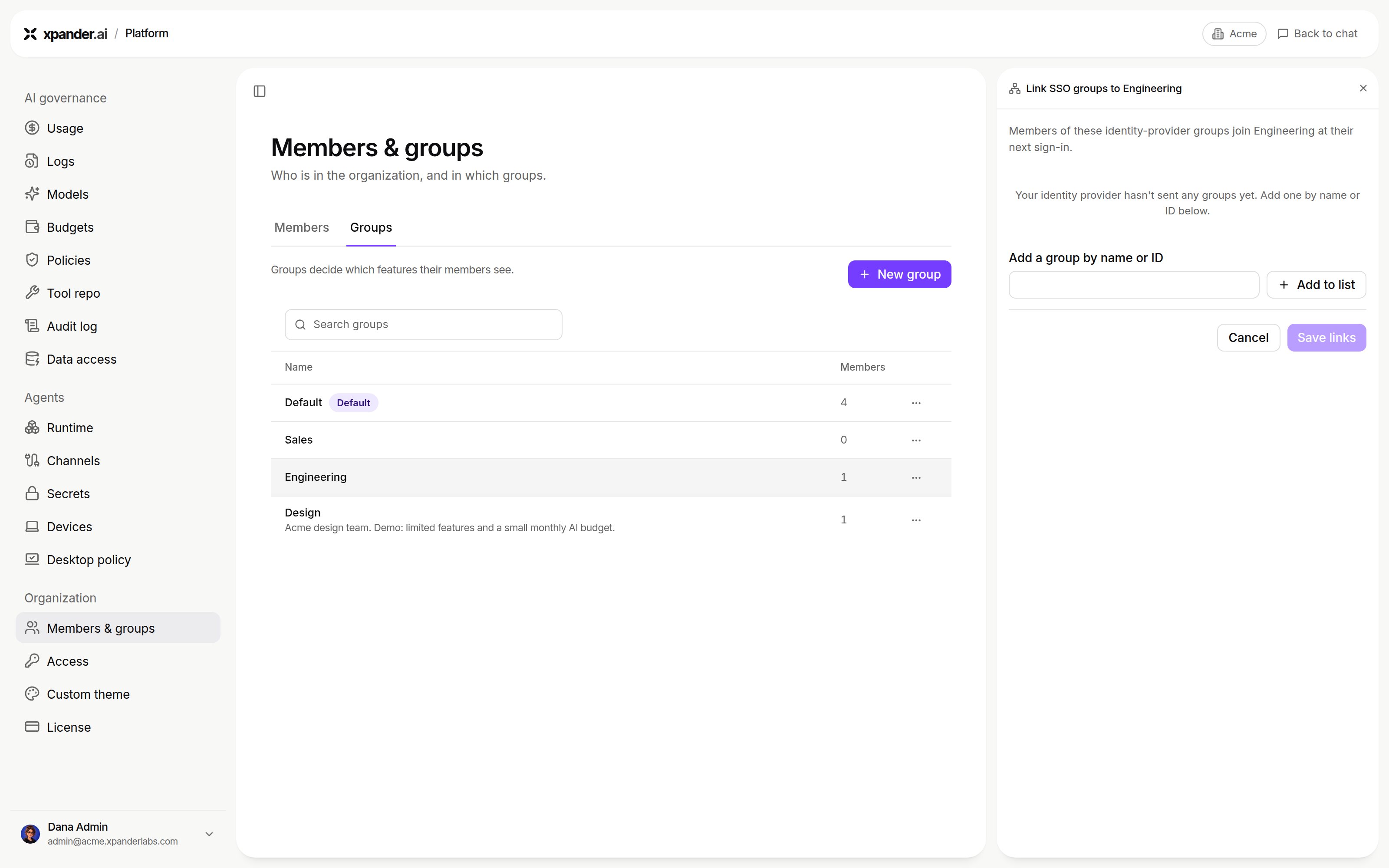 Members & groups on the Groups tab with the Link SSO groups to Engineering panel open: no groups received yet, an Add a group by name or ID field with Add to list, and Save links