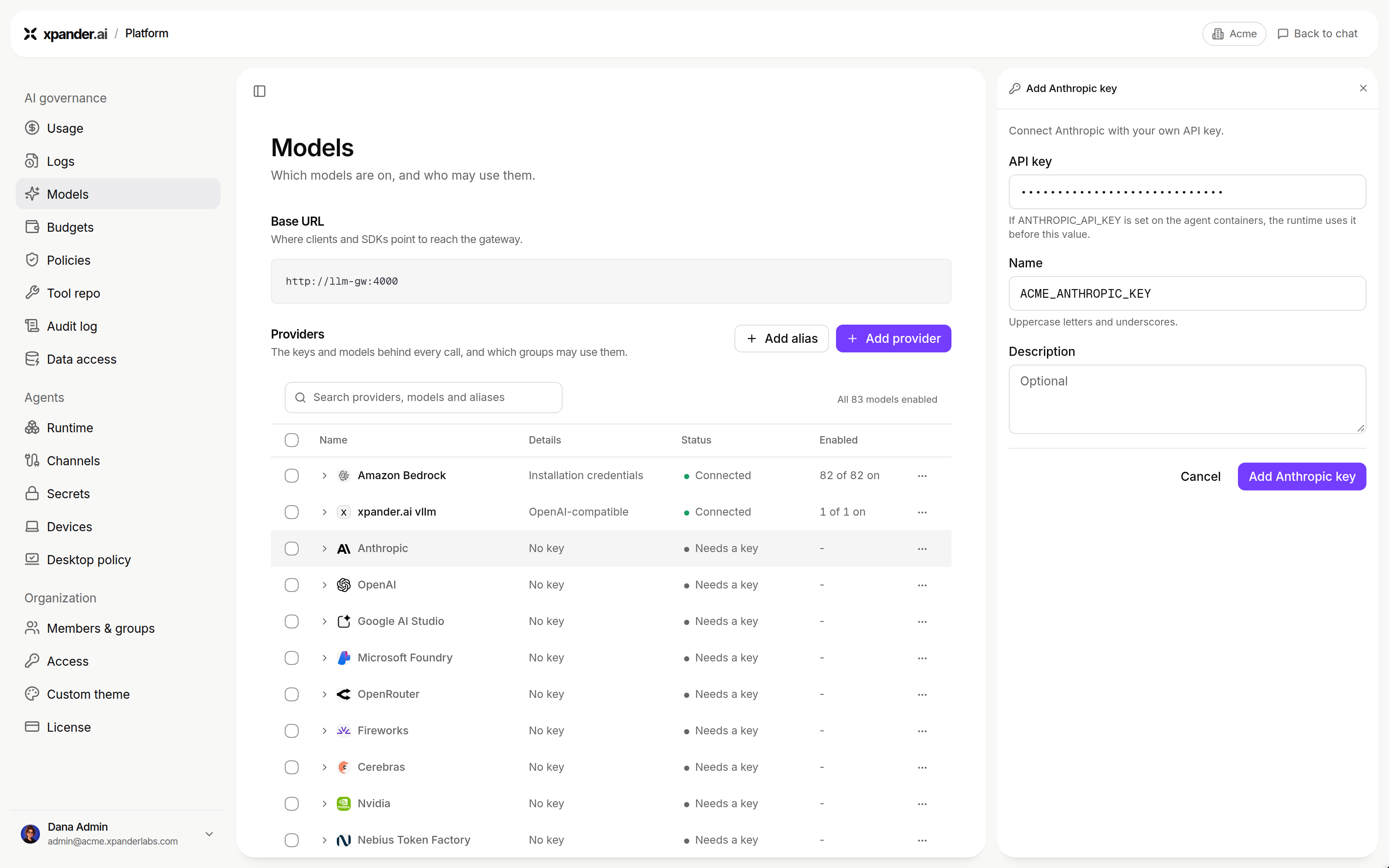 Add Anthropic key panel with API key, Name and Description fields and an Add Anthropic key button