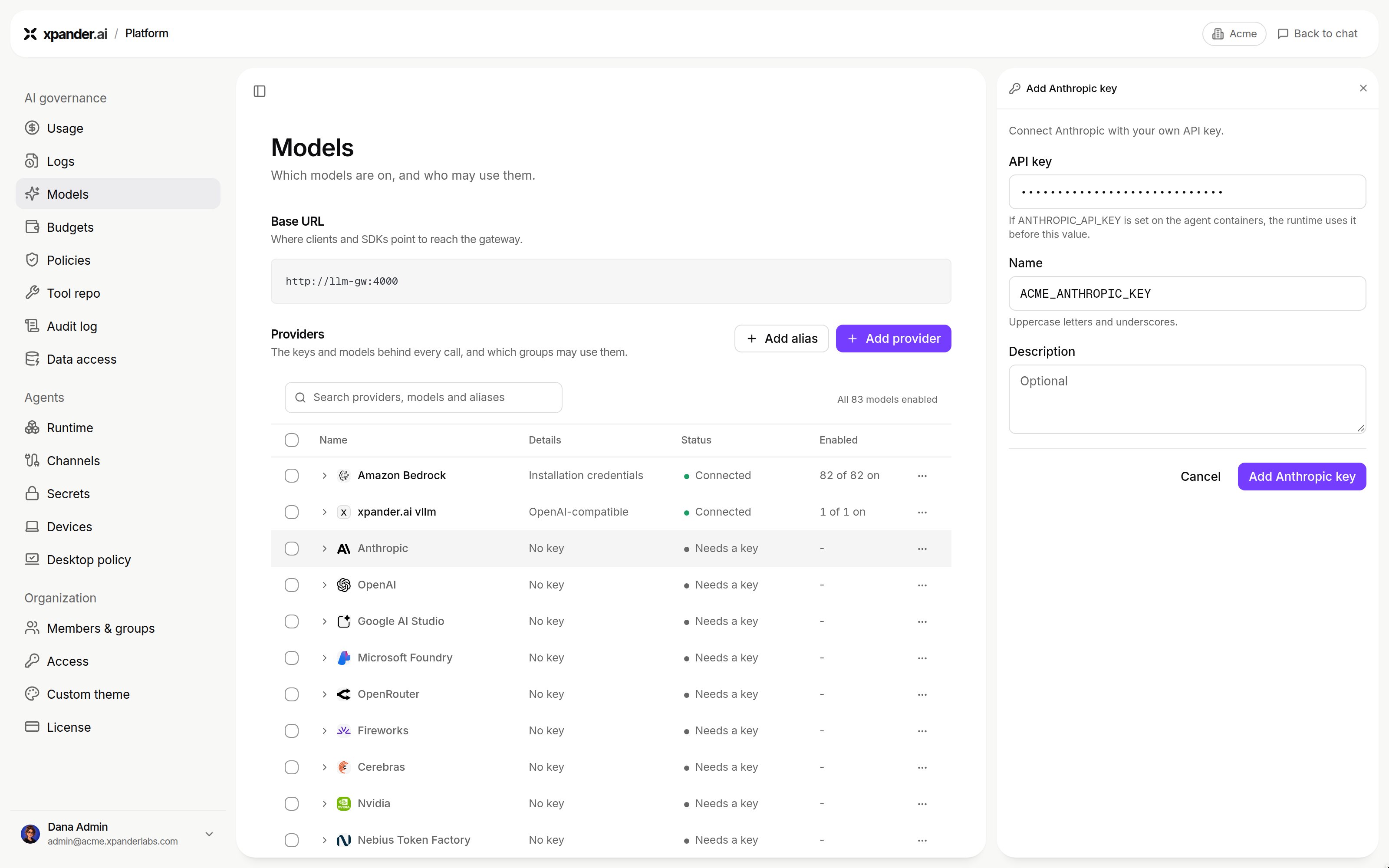 Add Anthropic key panel with API key, Name and Description fields and an Add Anthropic key button
