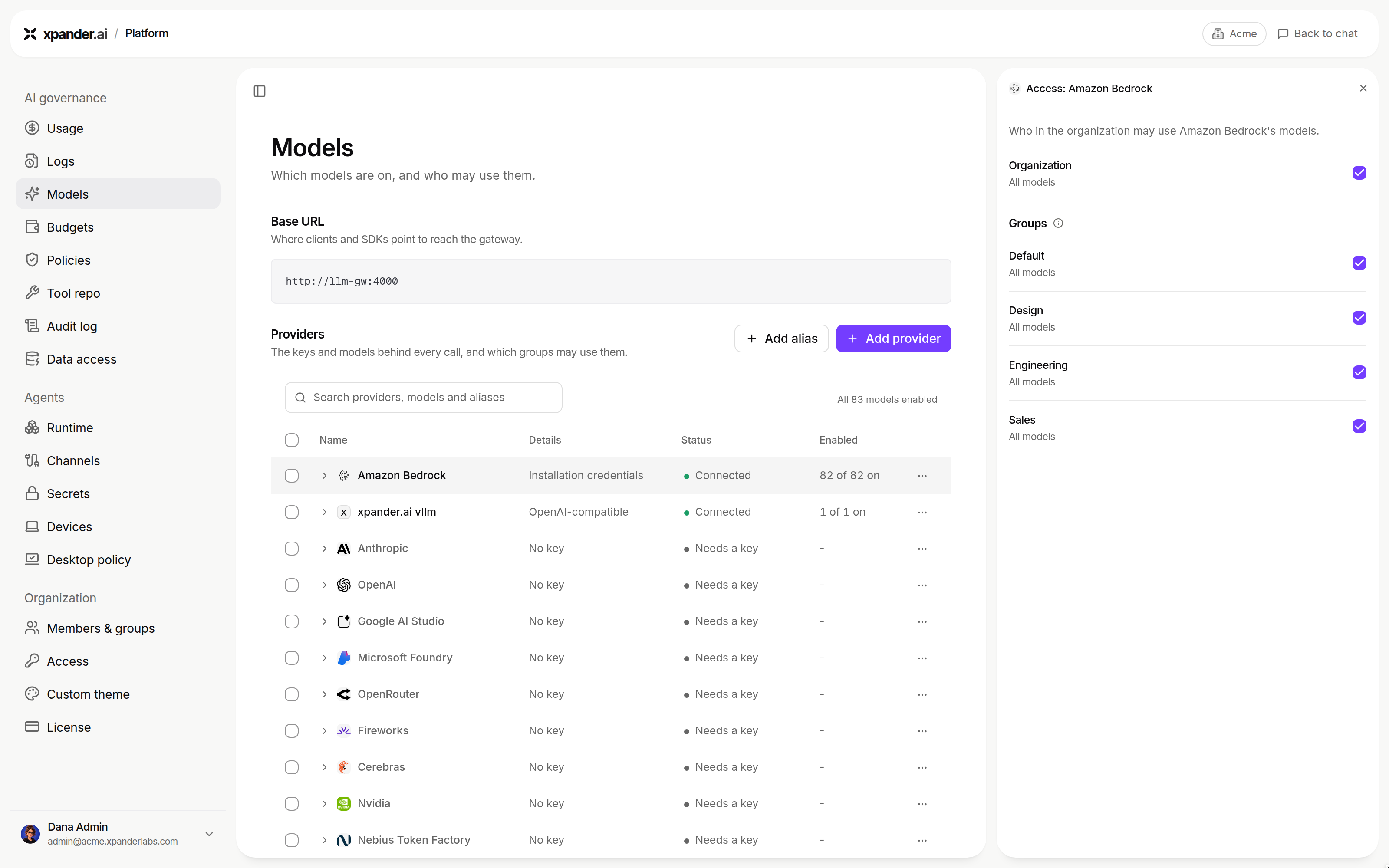 Access: Amazon Bedrock panel with Organization and the Default, Design, Engineering and Sales groups, each set to All models