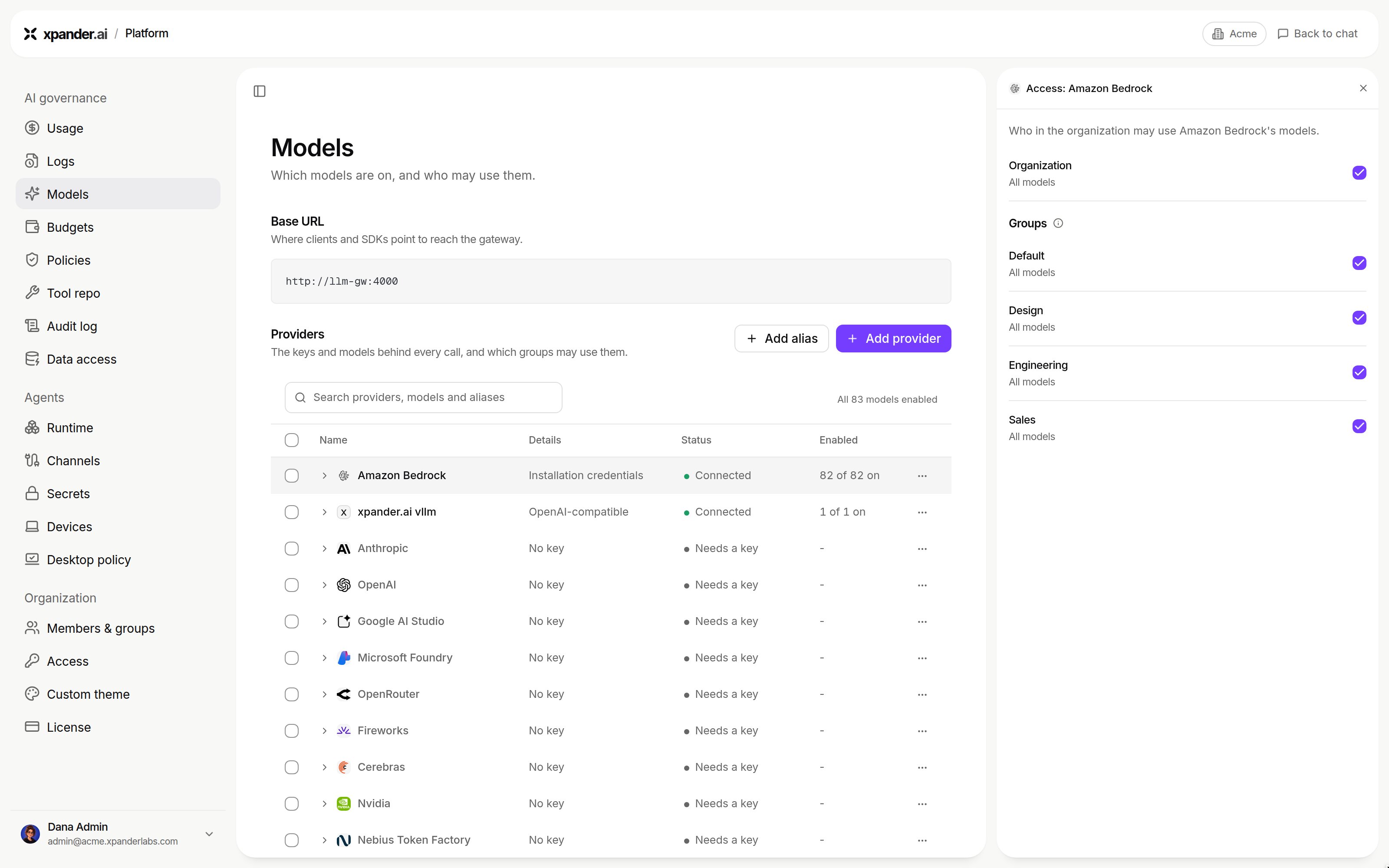 Access: Amazon Bedrock panel with Organization and the Default, Design, Engineering and Sales groups, each set to All models