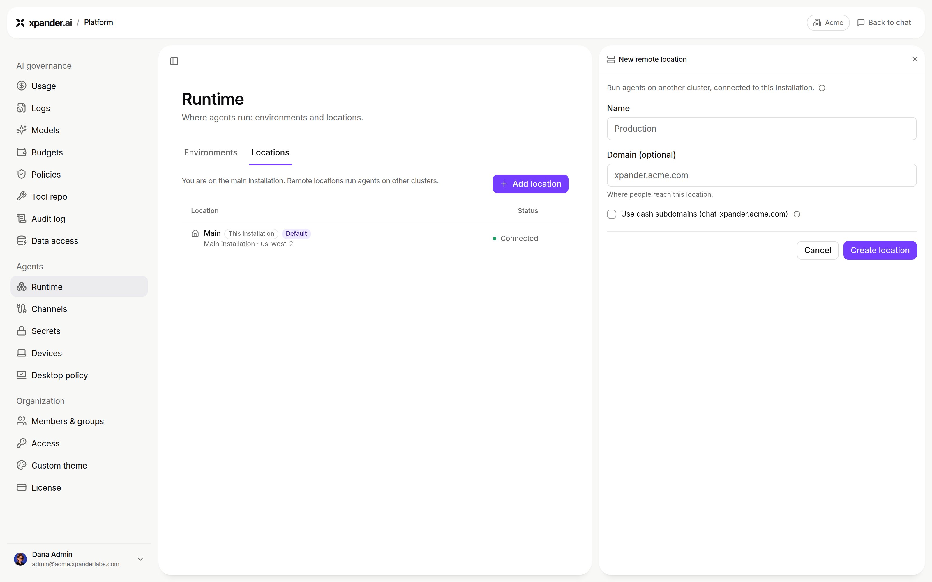 Runtime page on the Locations tab with the New remote location panel open: Name, Domain (optional), Use dash subdomains, Cancel and Create location